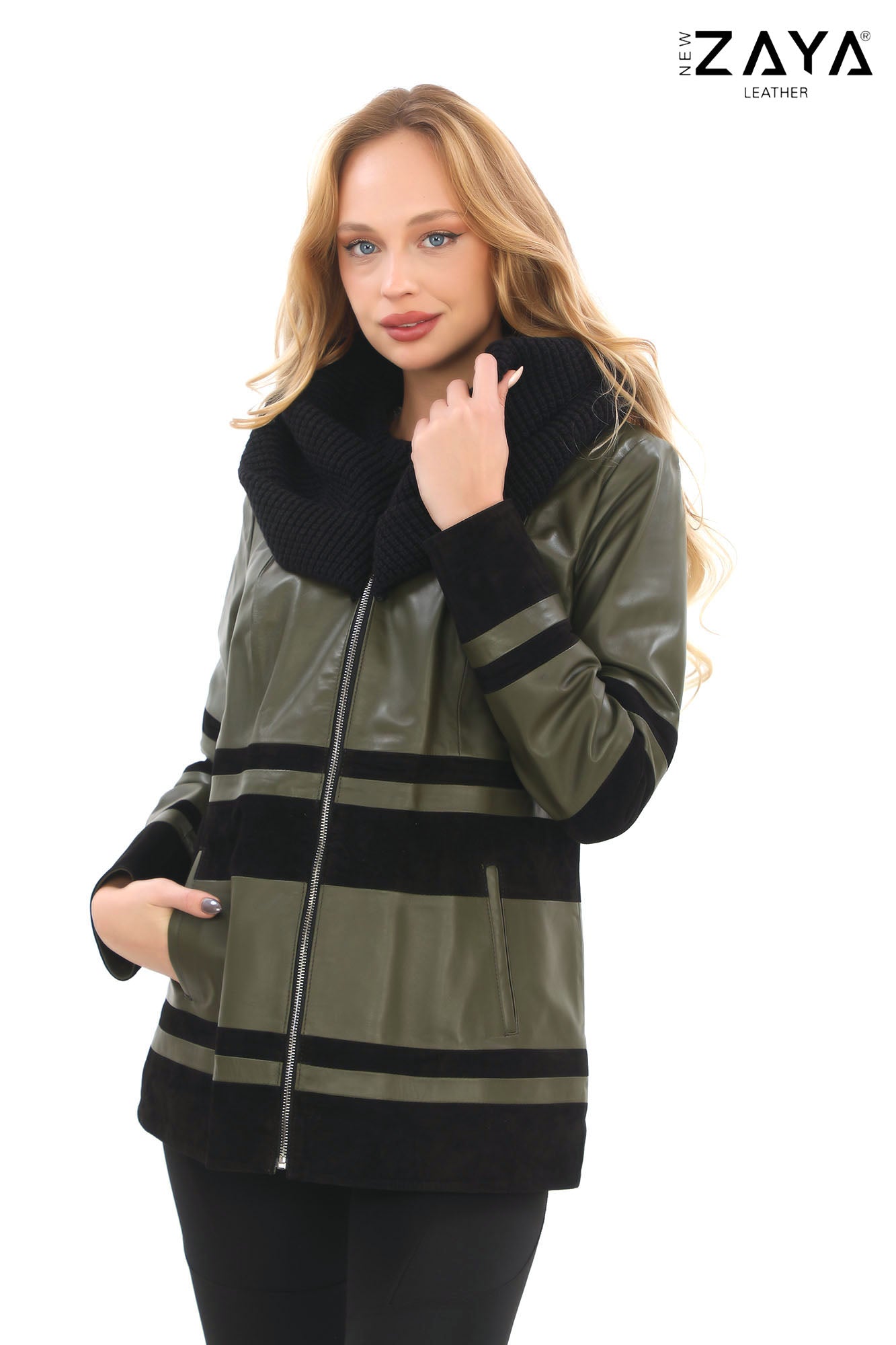 Aurevine Women’s Khaki Genuine Leather Jacket with Knit Shawl Collar and Suede Contrast Panels