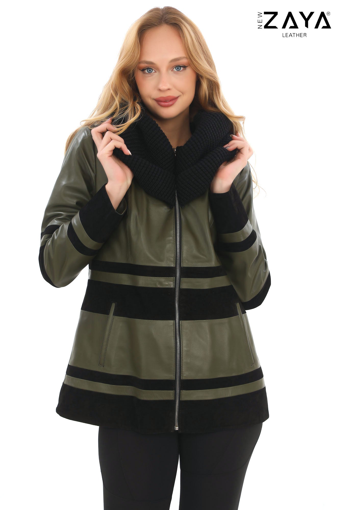 Aurevine Women’s Khaki Genuine Leather Jacket with Knit Shawl Collar and Suede Contrast Panels
