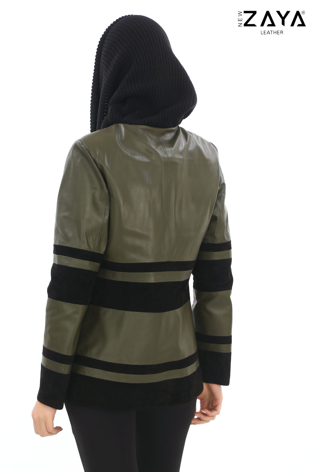 Aurevine Women’s Khaki Genuine Leather Jacket with Knit Shawl Collar and Suede Contrast Panels