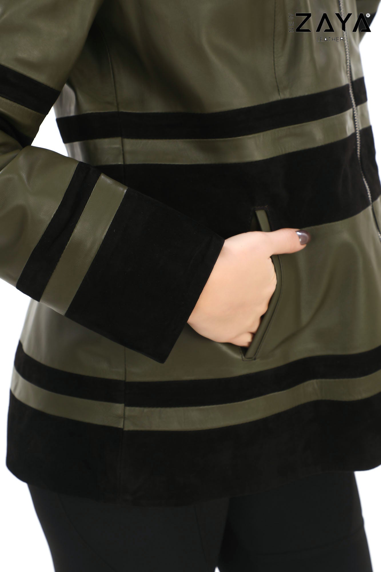 Aurevine Women’s Khaki Genuine Leather Jacket with Knit Shawl Collar and Suede Contrast Panels
