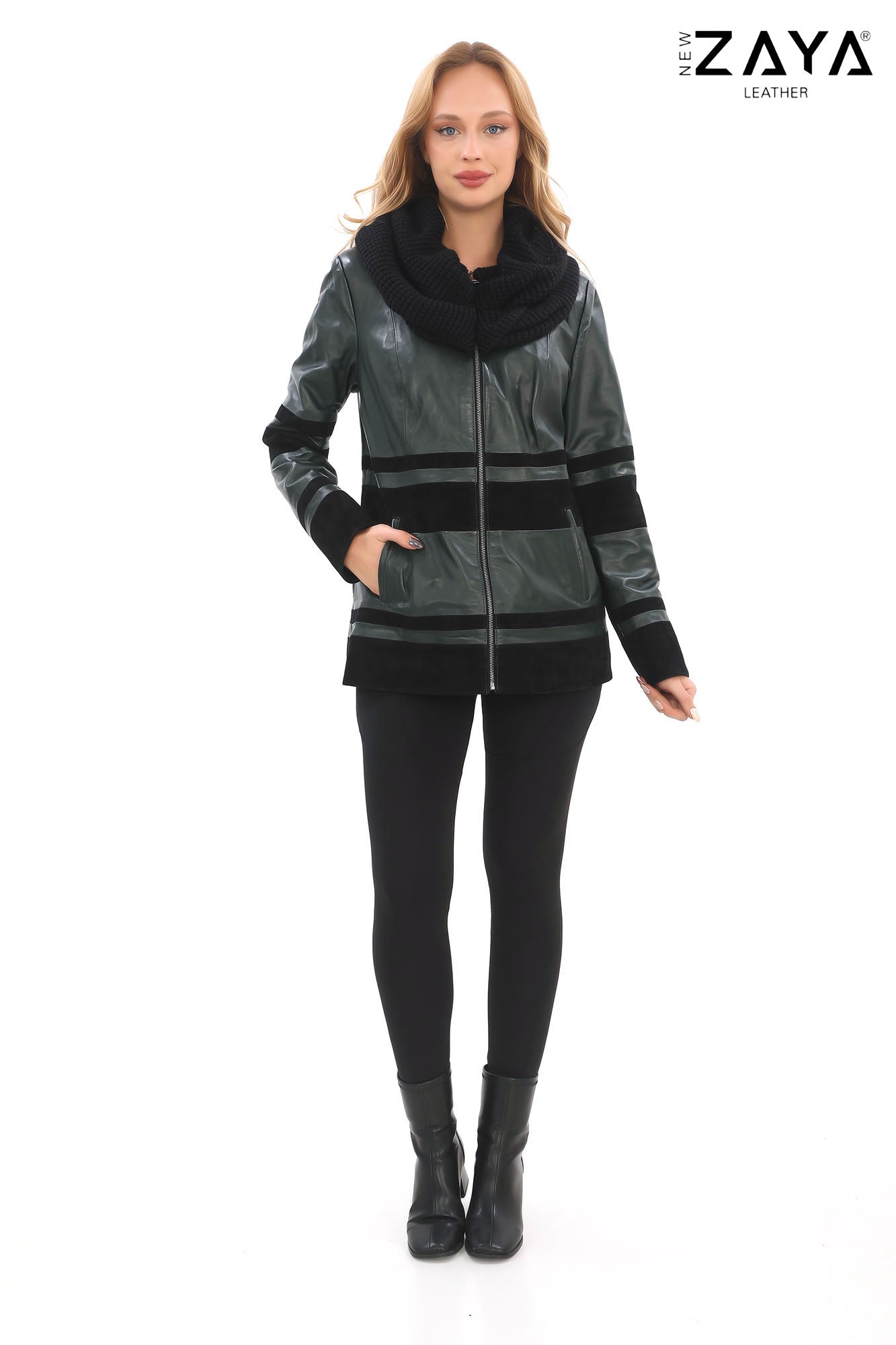 Aurevine Women’s Dark Green Genuine Leather Jacket with Knit Shawl Collar and Suede Contrast Panels