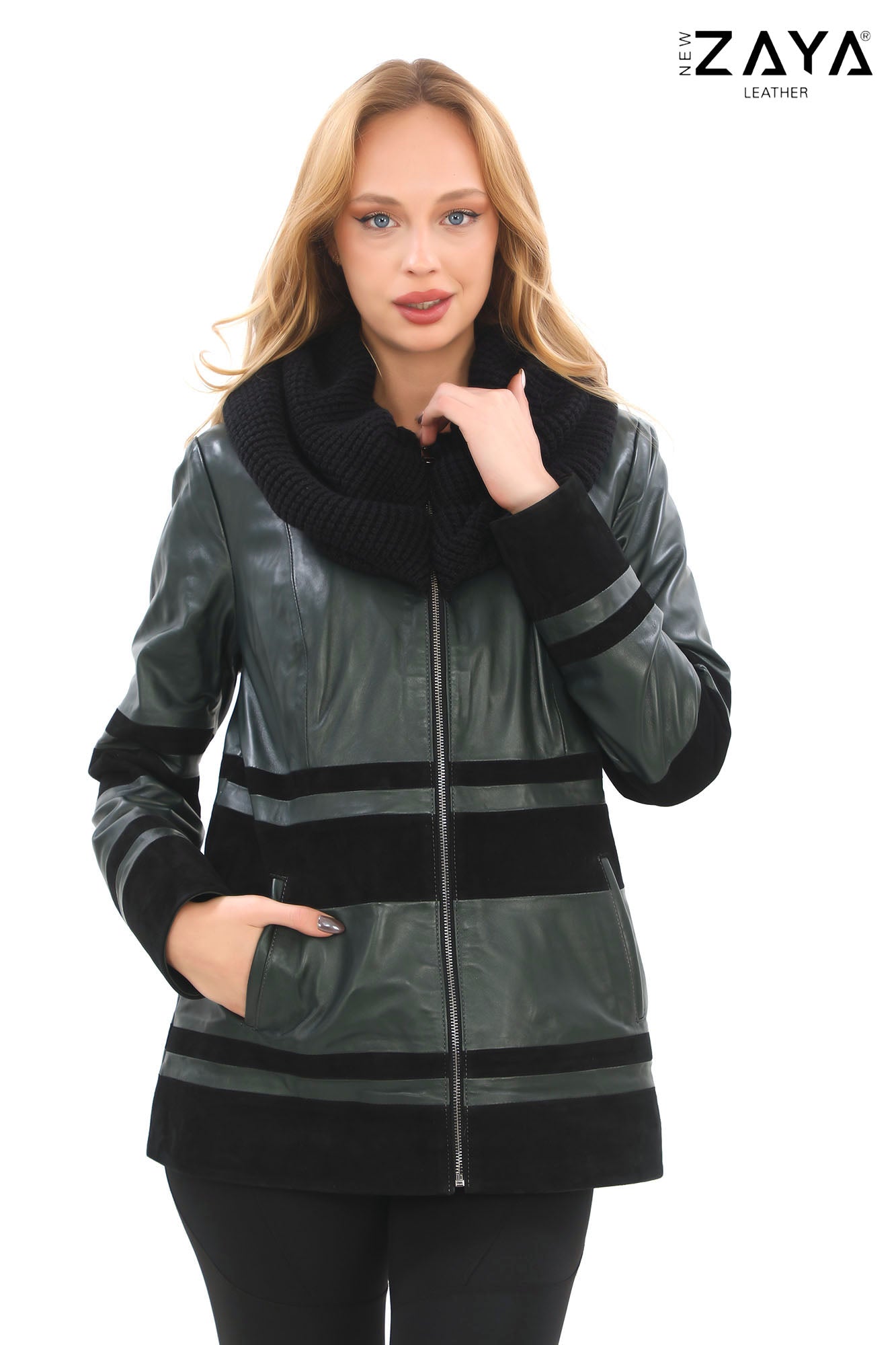 Aurevine Women’s Dark Green Genuine Leather Jacket with Knit Shawl Collar and Suede Contrast Panels