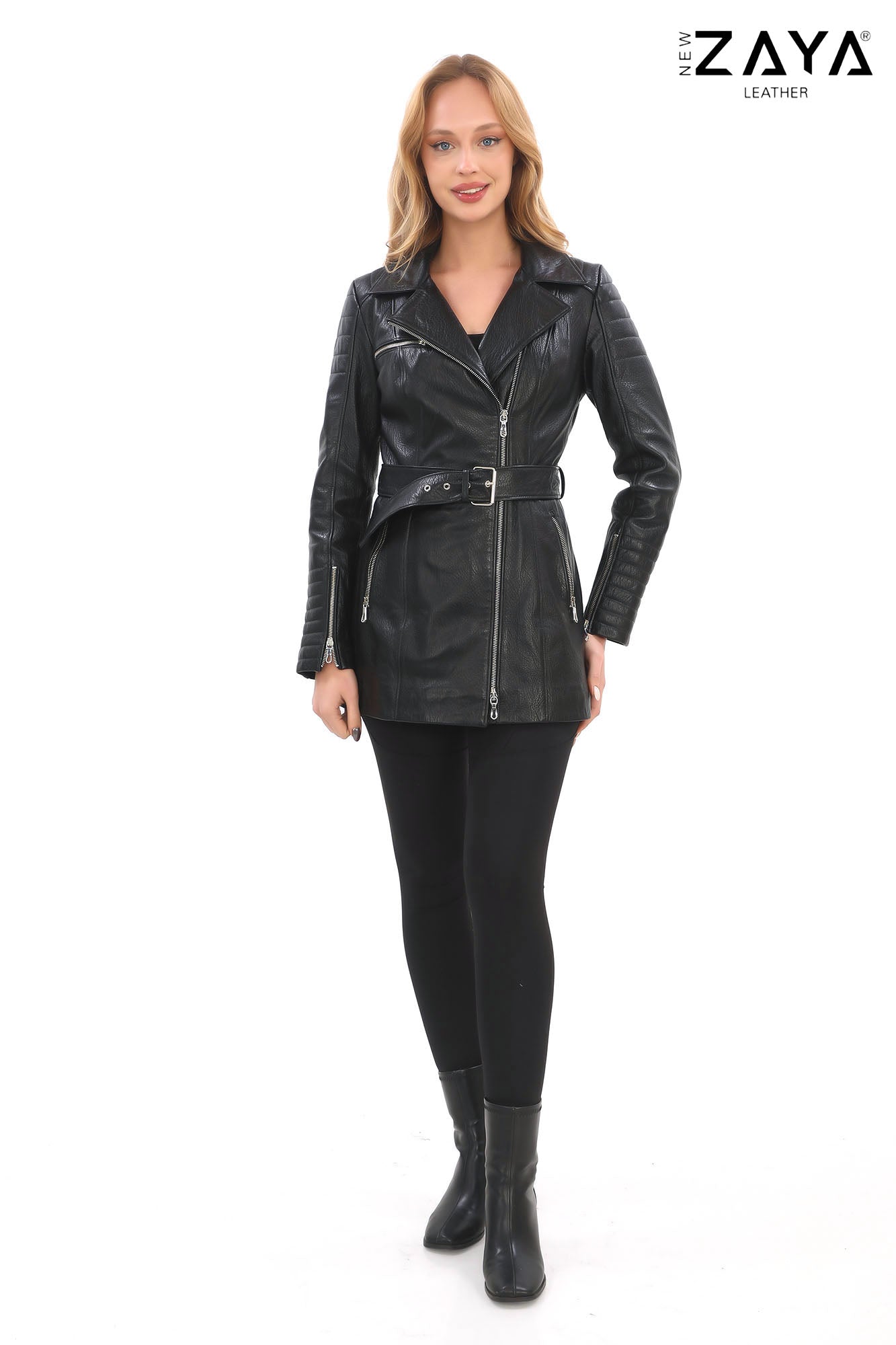 VELORA ÉCLAT  Black Genuine Leather Belted Trench Coat