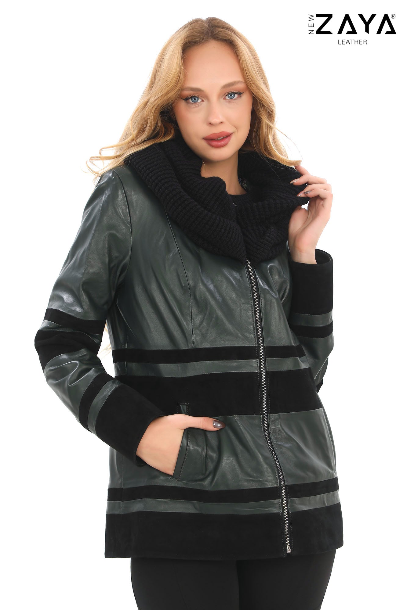 Aurevine Women’s Dark Green Genuine Leather Jacket with Knit Shawl Collar and Suede Contrast Panels