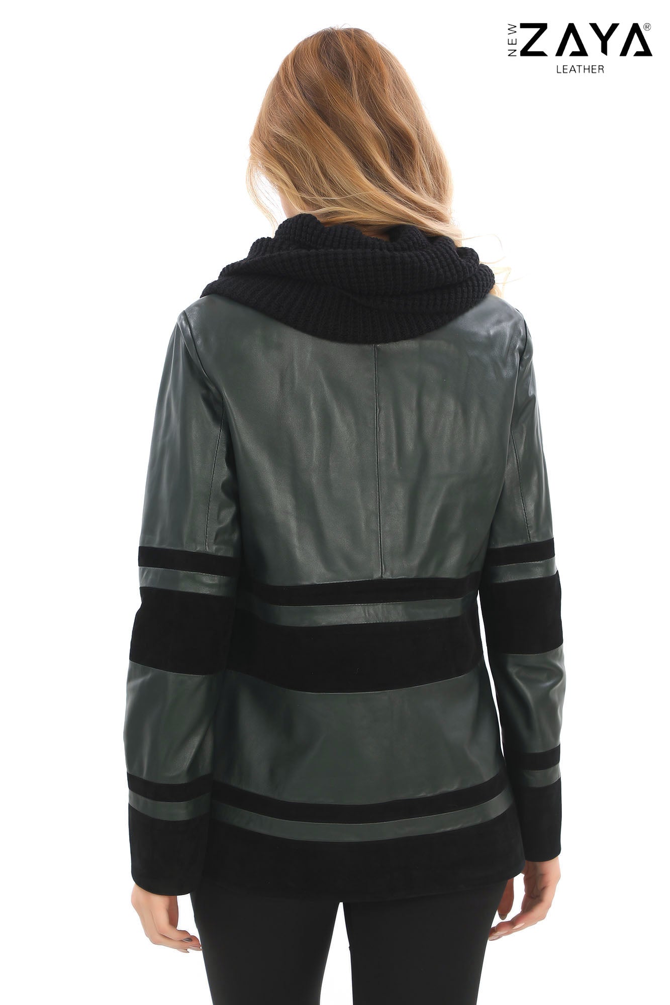 Aurevine Women’s Dark Green Genuine Leather Jacket with Knit Shawl Collar and Suede Contrast Panels