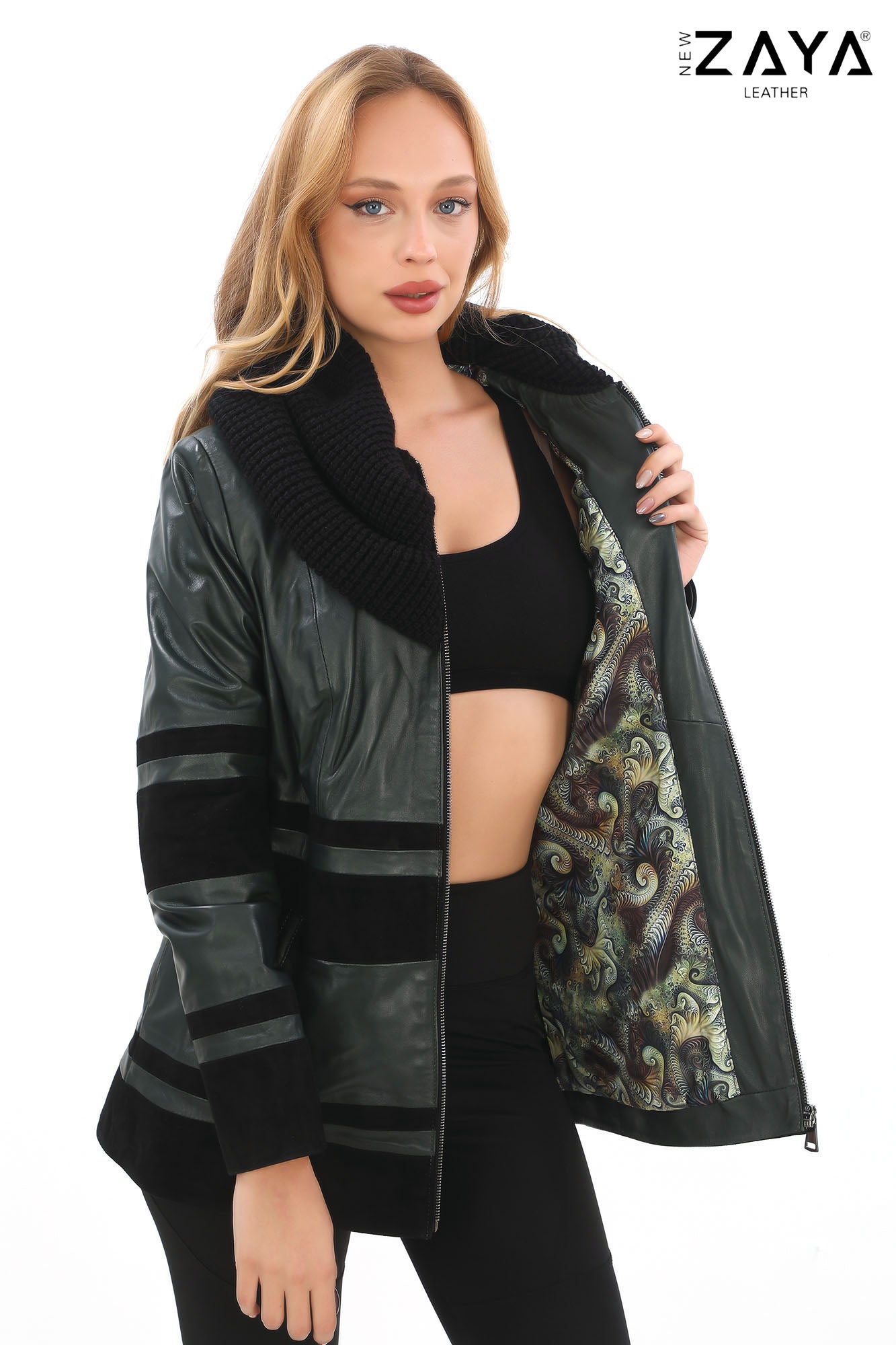 Aurevine Women’s Dark Green Genuine Leather Jacket with Knit Shawl Collar and Suede Contrast Panels