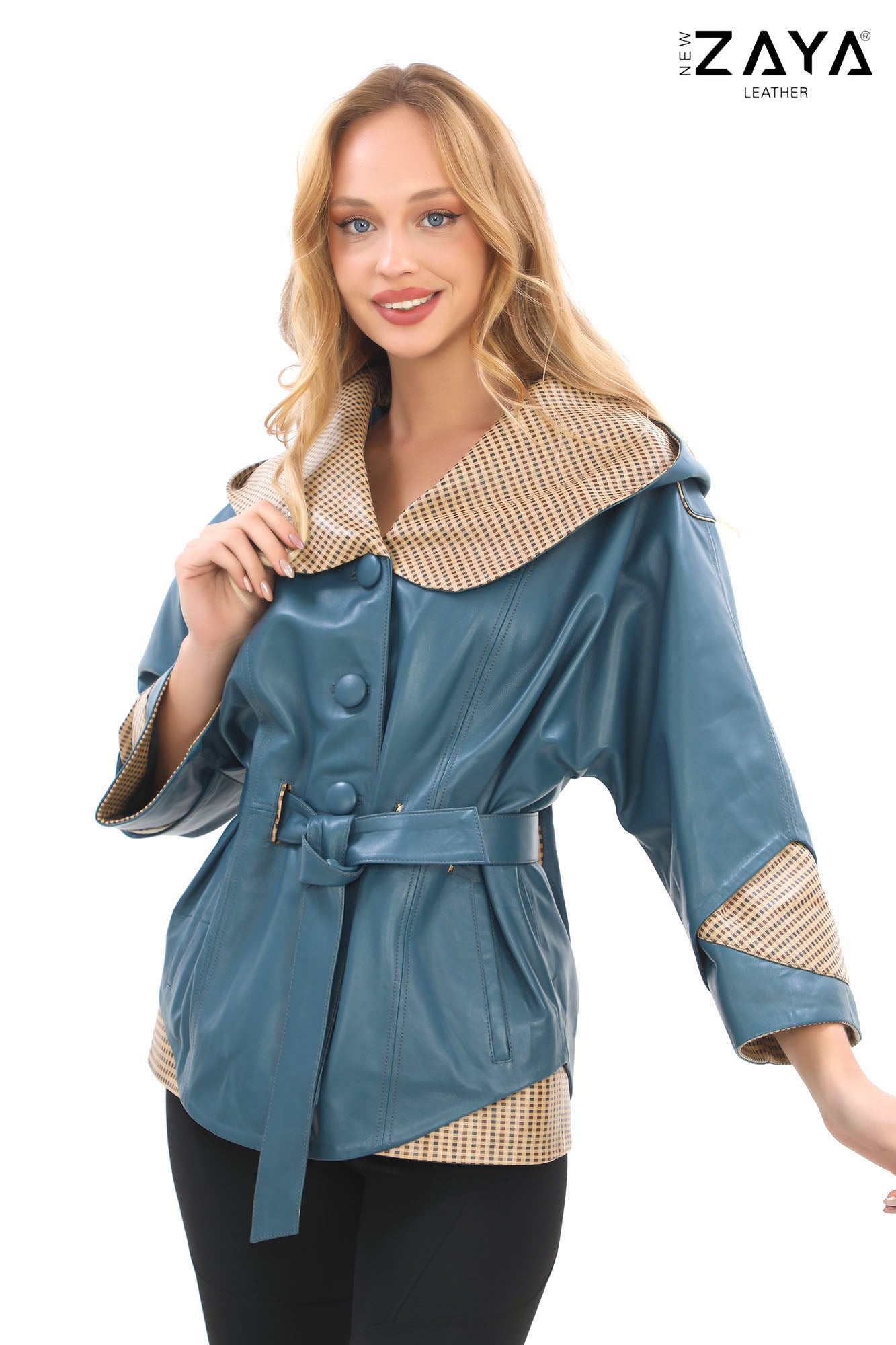 Siena Genuine Leather Blue Hooded Belted Jacket with Checked Pattern Lining