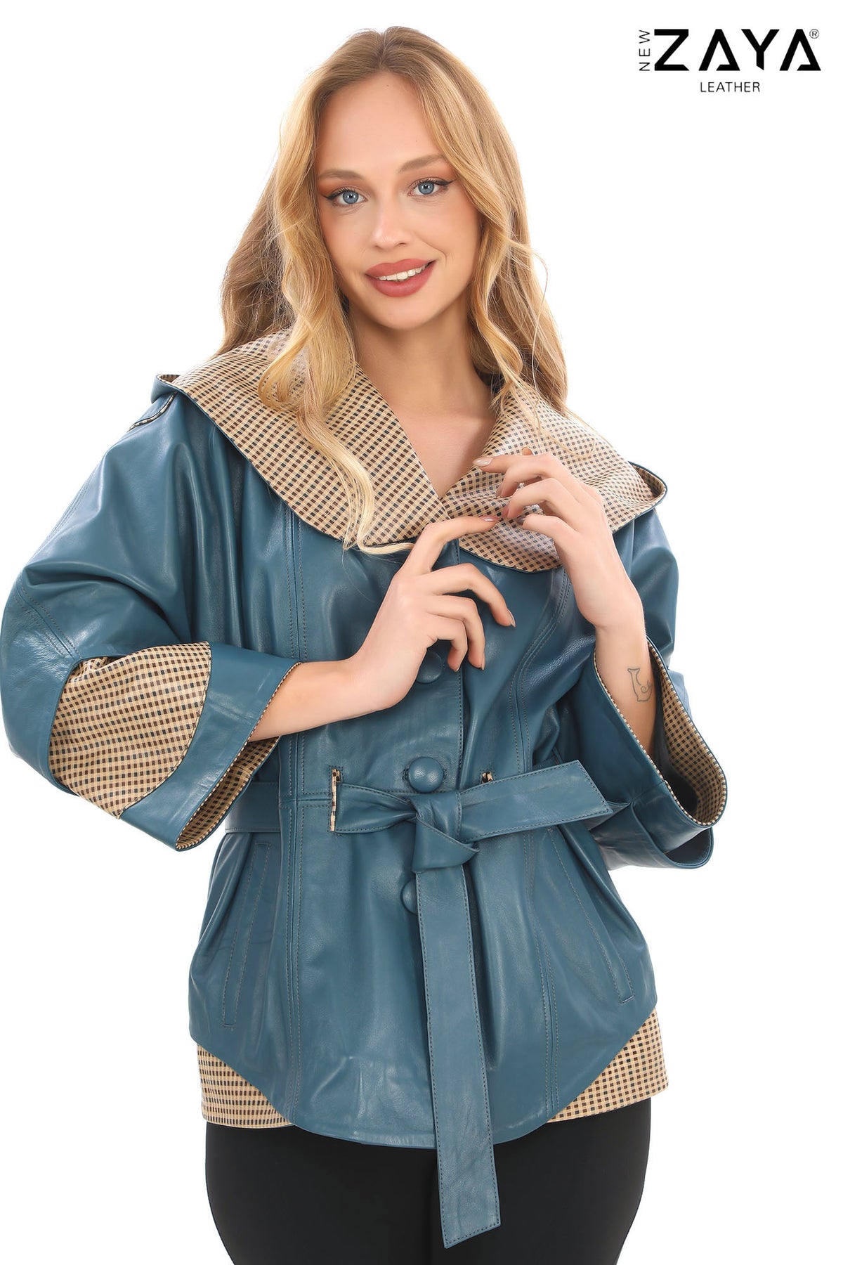 Siena Genuine Leather Blue Hooded Belted Jacket with Checked Pattern Lining