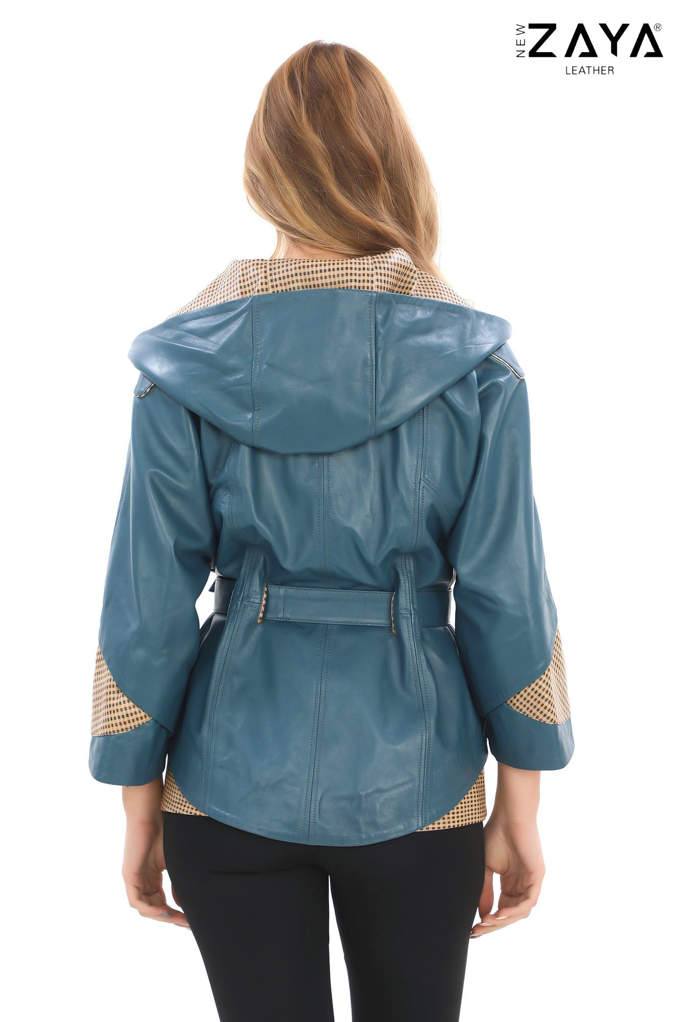 Siena Genuine Leather Blue Hooded Belted Jacket with Checked Pattern Lining