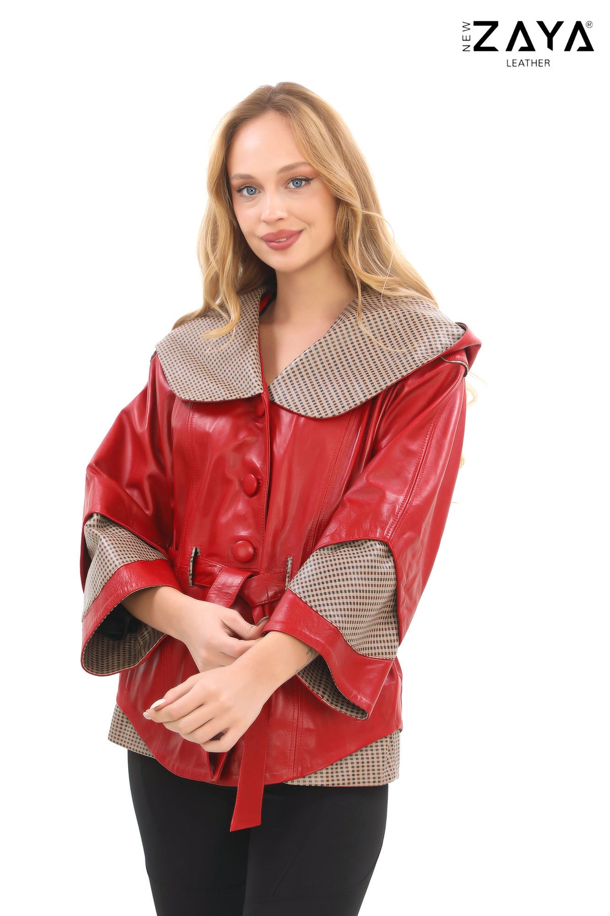 Siena Genuine Leather Red Hooded Belted Jacket with Checked Pattern Lining