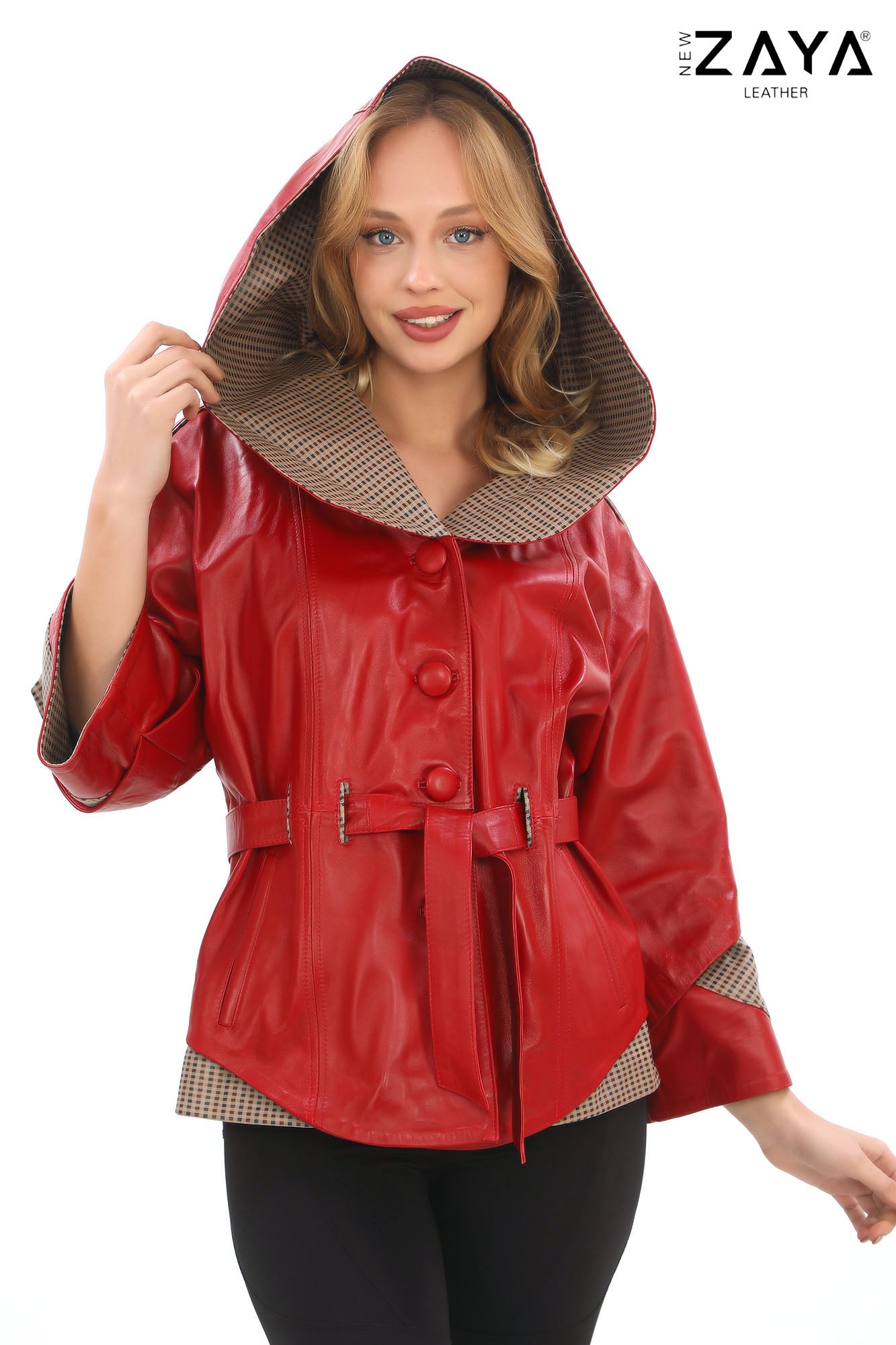 Siena Genuine Leather Red Hooded Belted Jacket with Checked Pattern Lining