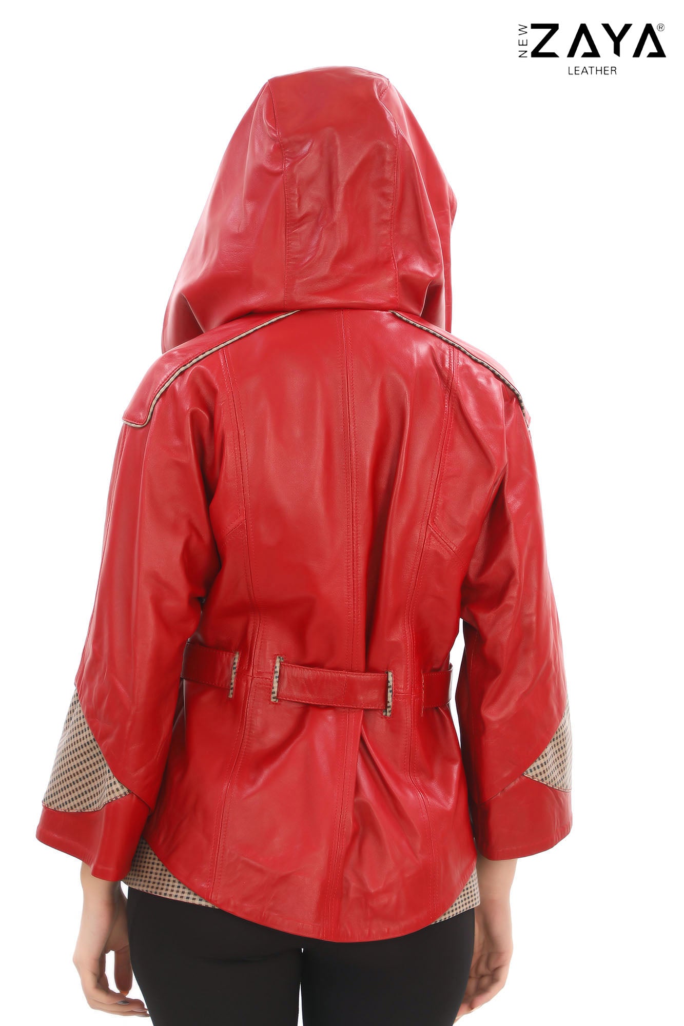 Siena Genuine Leather Red Hooded Belted Jacket with Checked Pattern Lining
