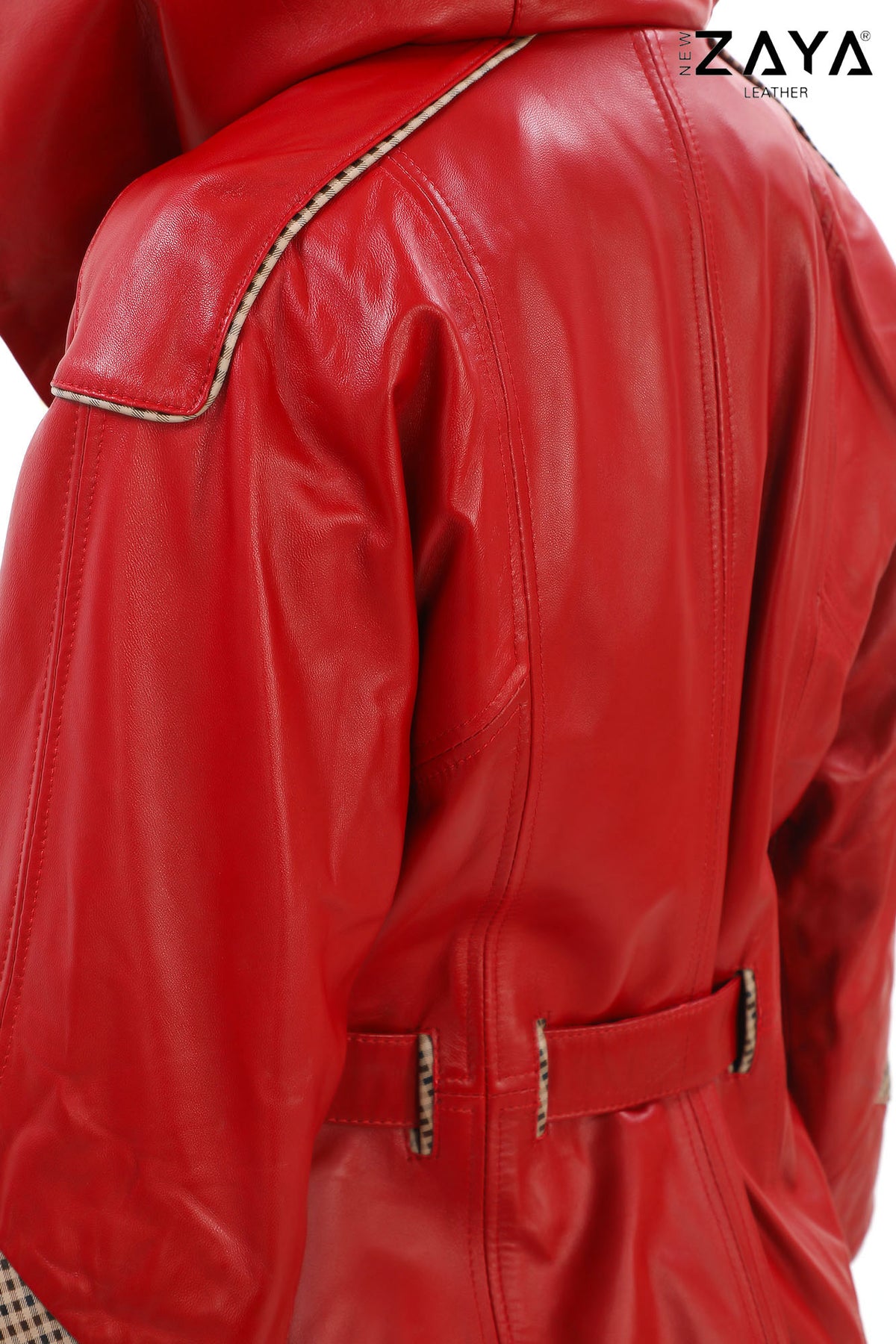Siena Genuine Leather Red Hooded Belted Jacket with Checked Pattern Lining