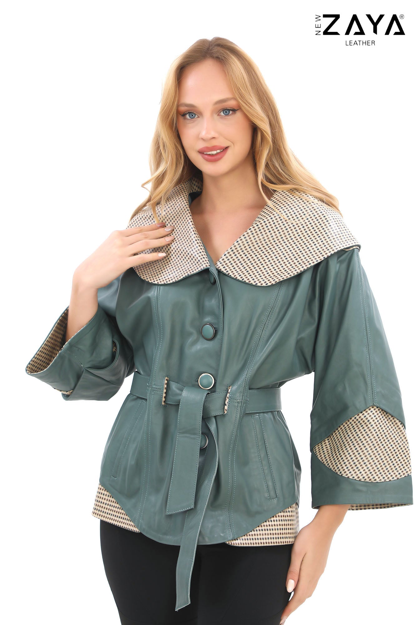 Siena Genuine Leather Mint Green Hooded Belted Jacket with Checked Pattern Lining