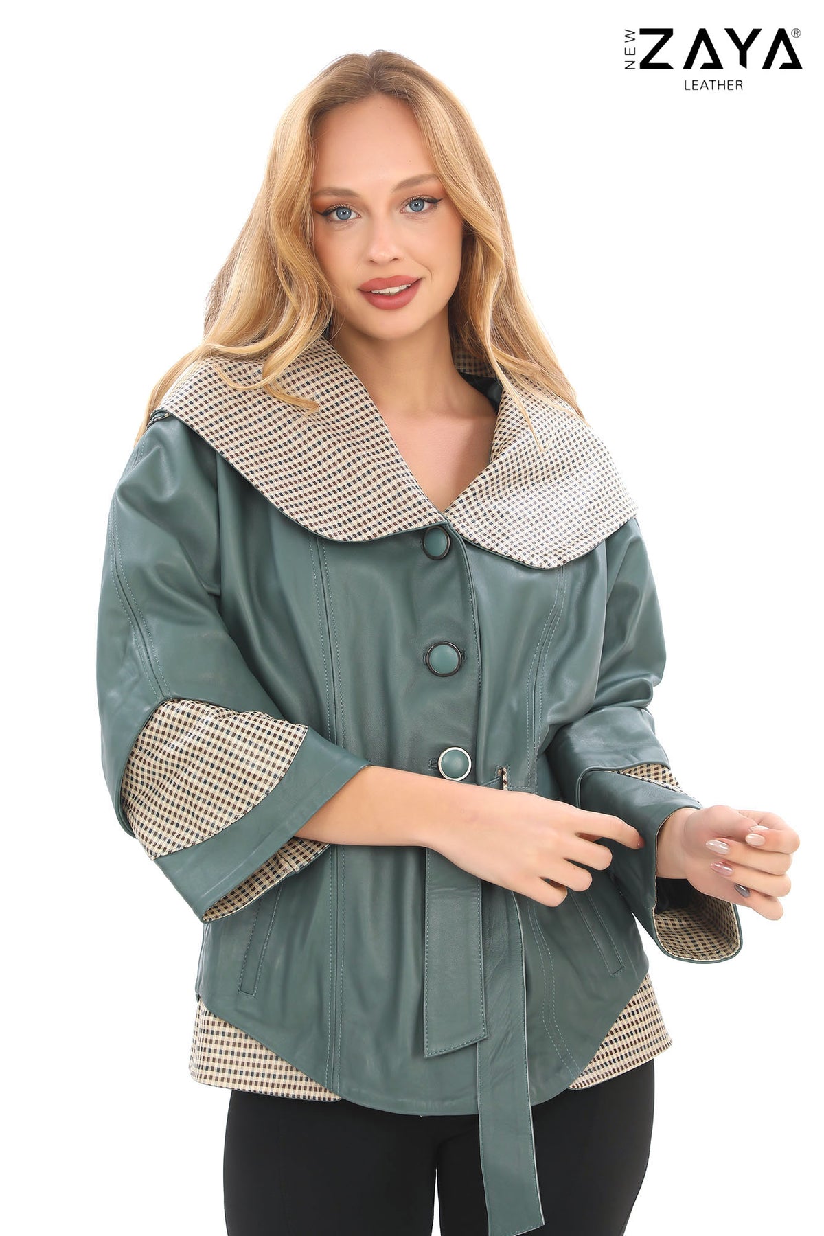 Siena Genuine Leather Mint Green Hooded Belted Jacket with Checked Pattern Lining