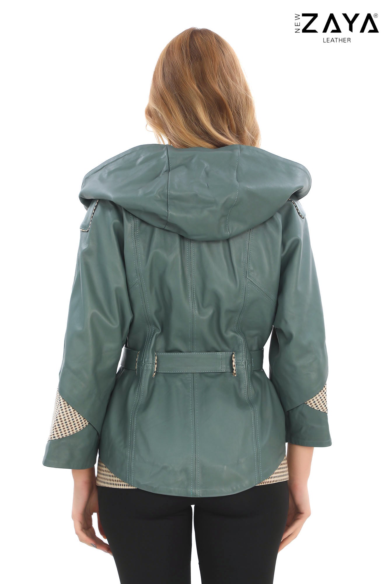Siena Genuine Leather Mint Green Hooded Belted Jacket with Checked Pattern Lining