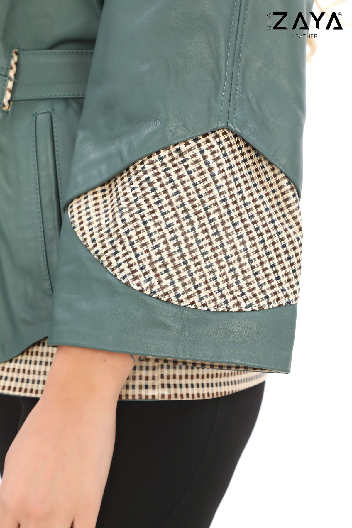 Siena Genuine Leather Mint Green Hooded Belted Jacket with Checked Pattern Lining