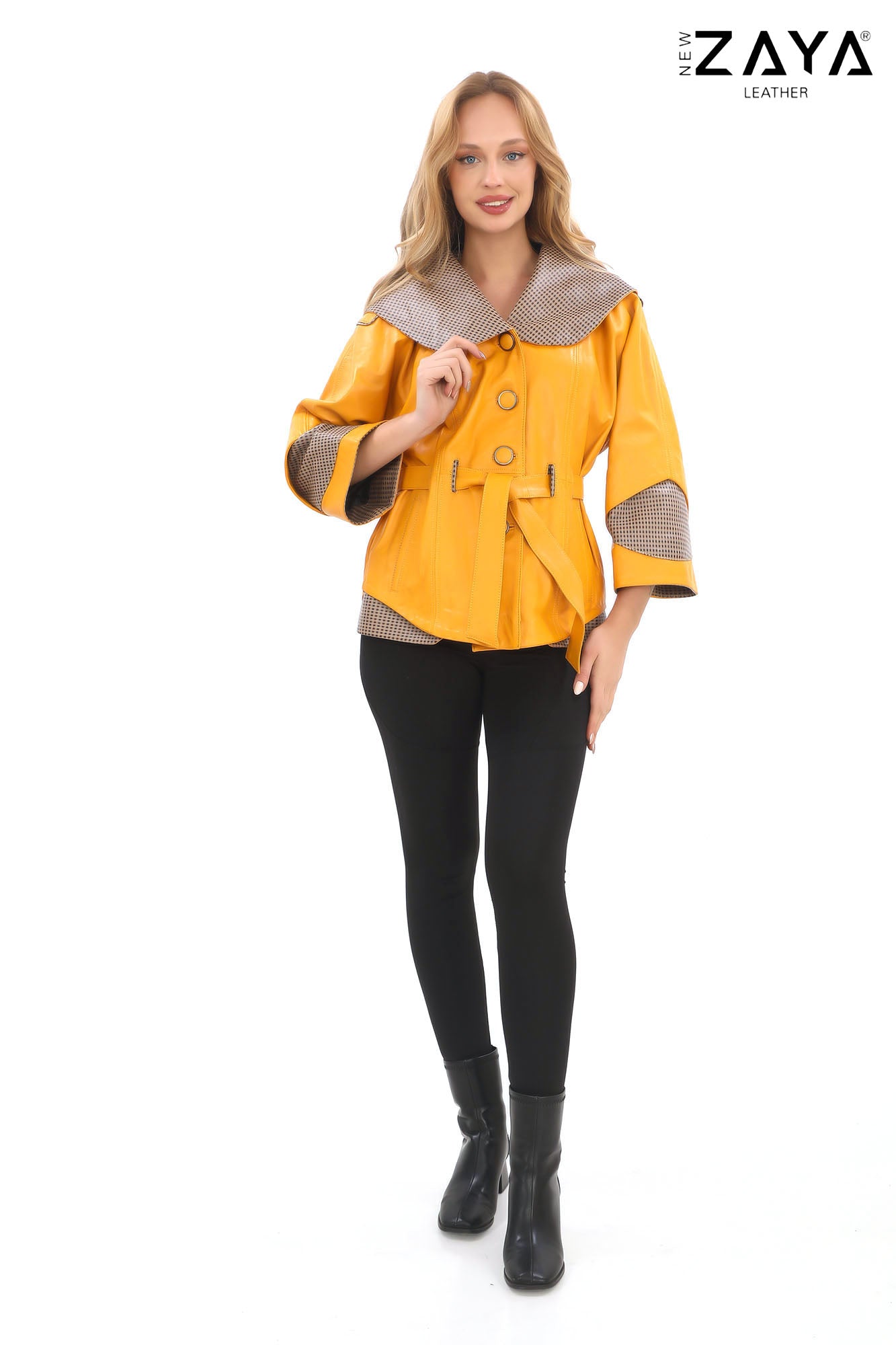 Siena Genuine Leather Yellow Hooded Belted Jacket with Checked Pattern Lining