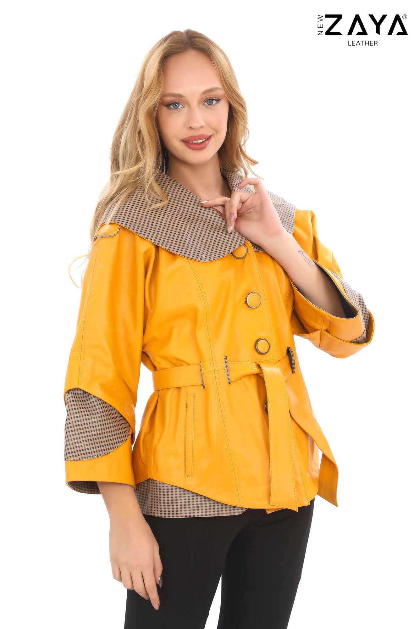 Siena Genuine Leather Yellow Hooded Belted Jacket with Checked Pattern Lining