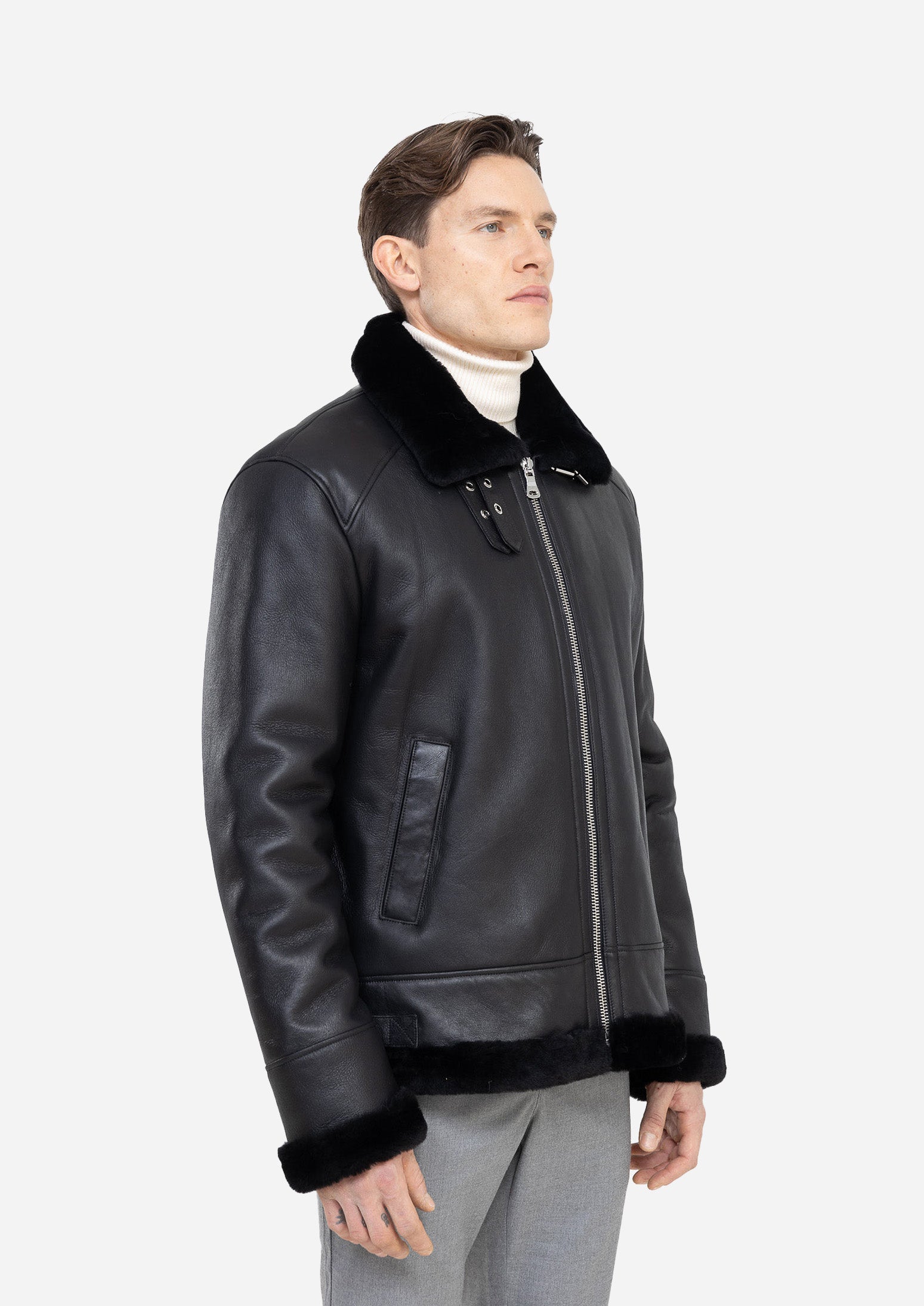 Cortina Genuine Lambskin Black Leather Aviator Jacket with Authentic Fox Fur Trim