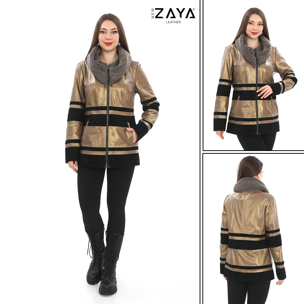 Aurevine Women’s Gold Genuine Leather Jacket with Knit Shawl Collar and Suede Contrast Panels