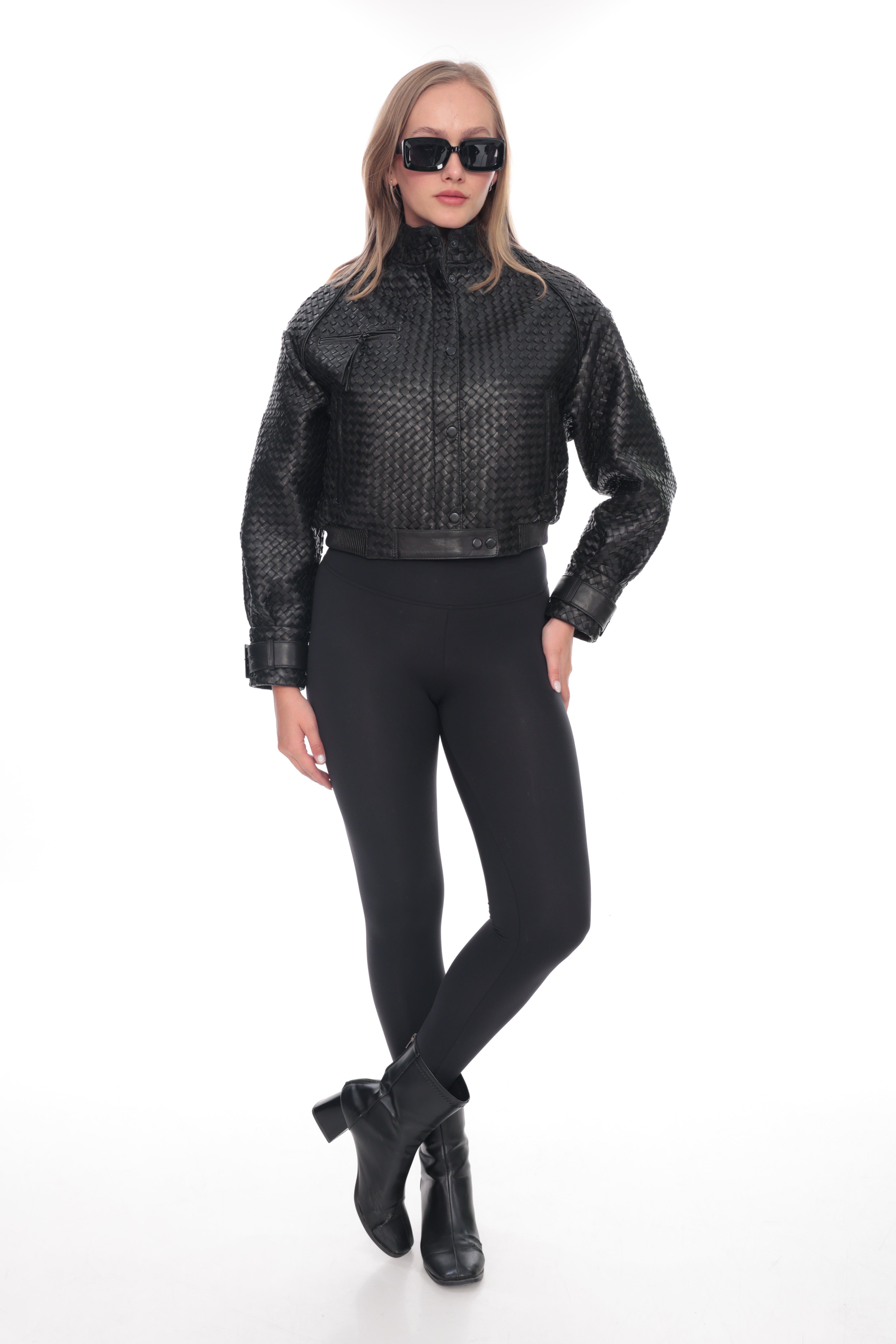 Women’s Genuine Leather Woven Panel Bomber Jacket