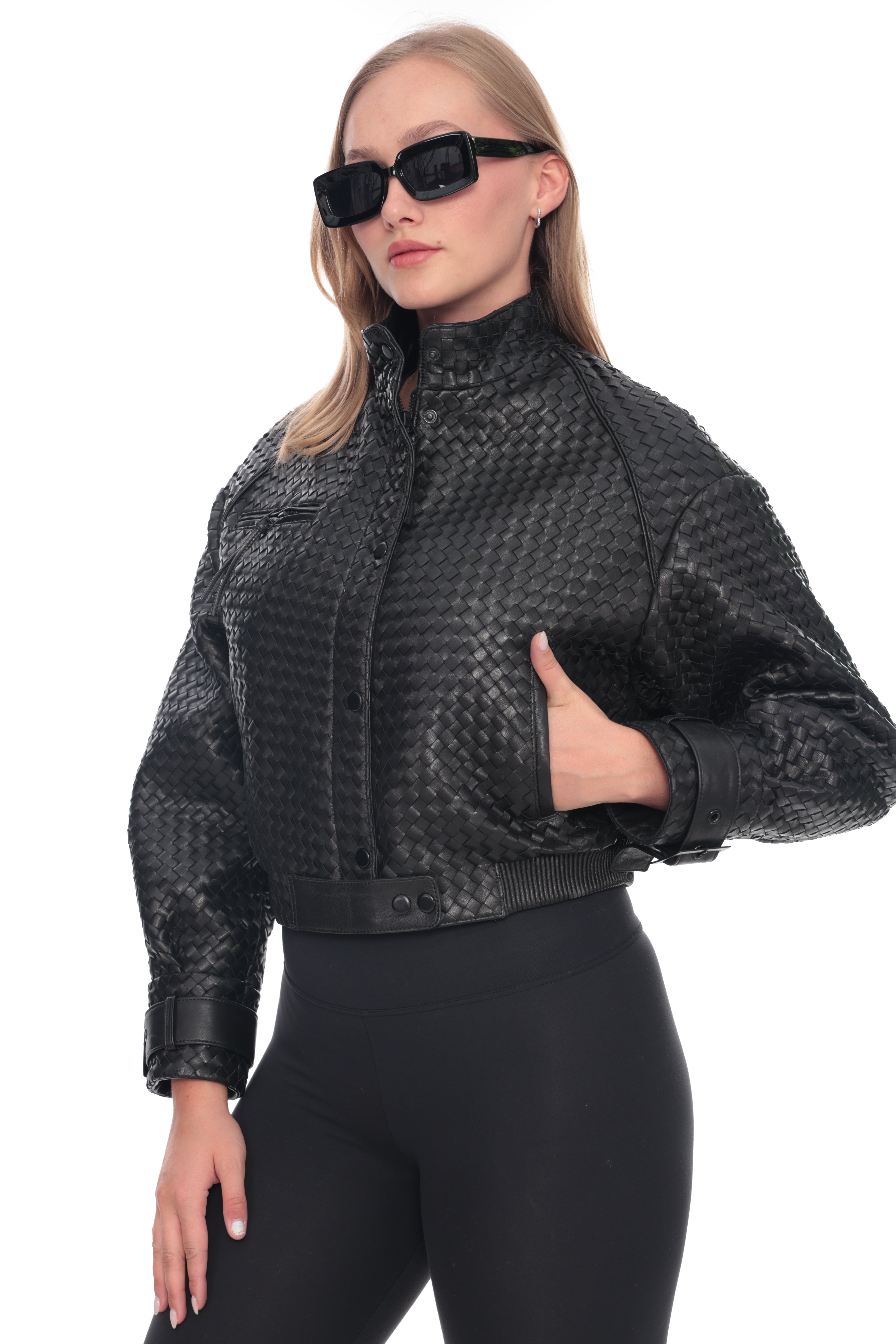 Women’s Genuine Leather Woven Panel Bomber Jacket