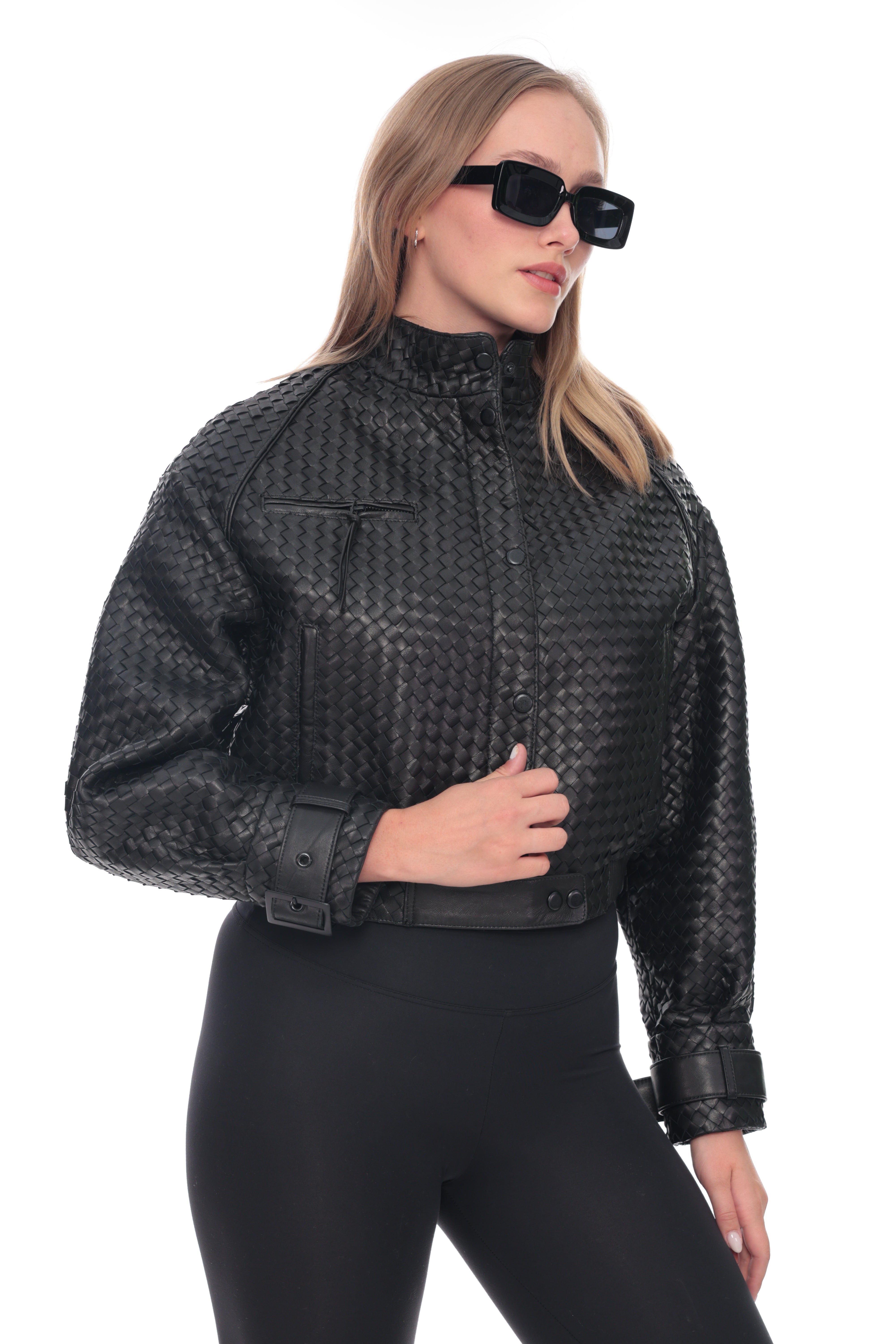 Women’s Genuine Leather Woven Panel Bomber Jacket