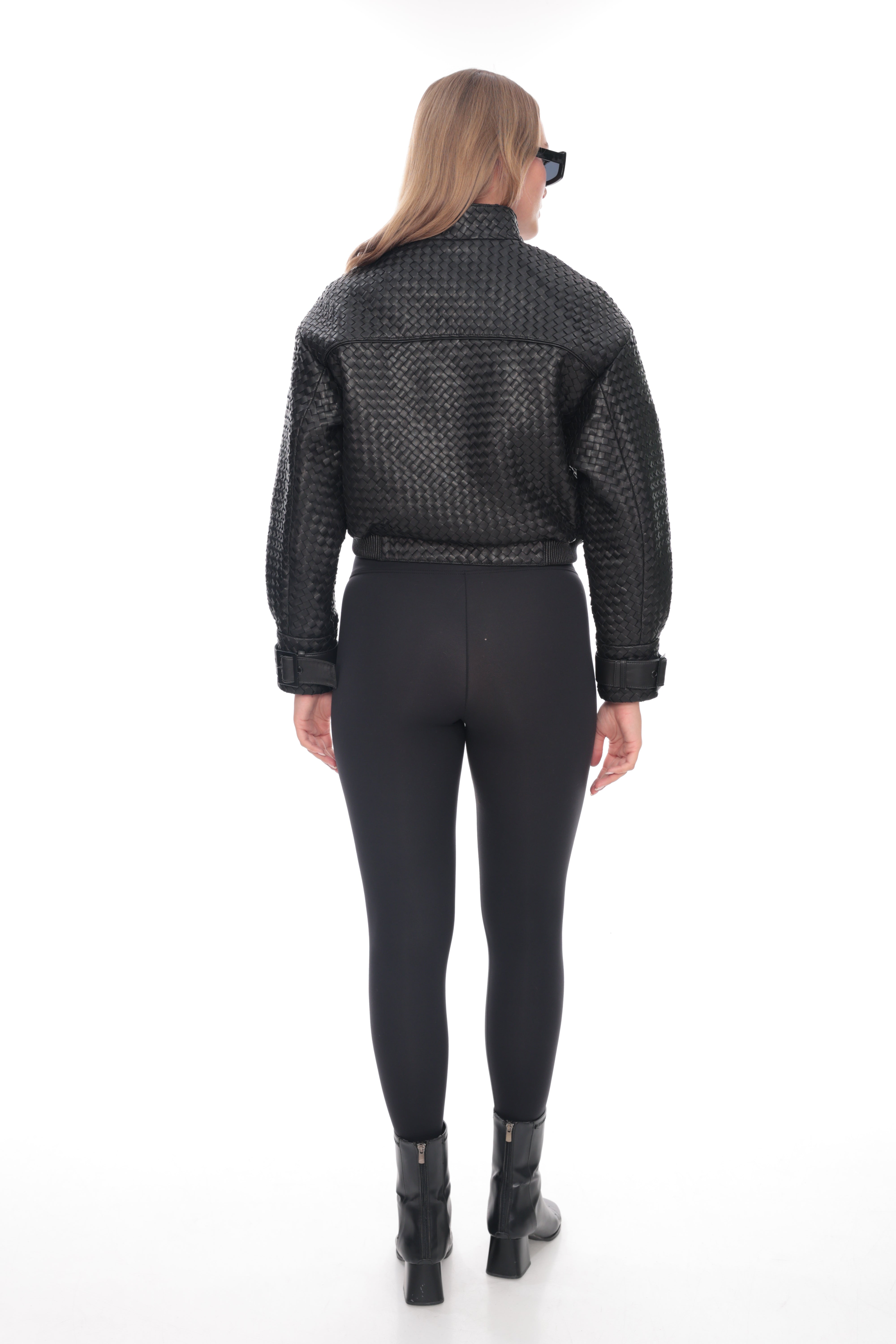 Women’s Genuine Leather Woven Panel Bomber Jacket