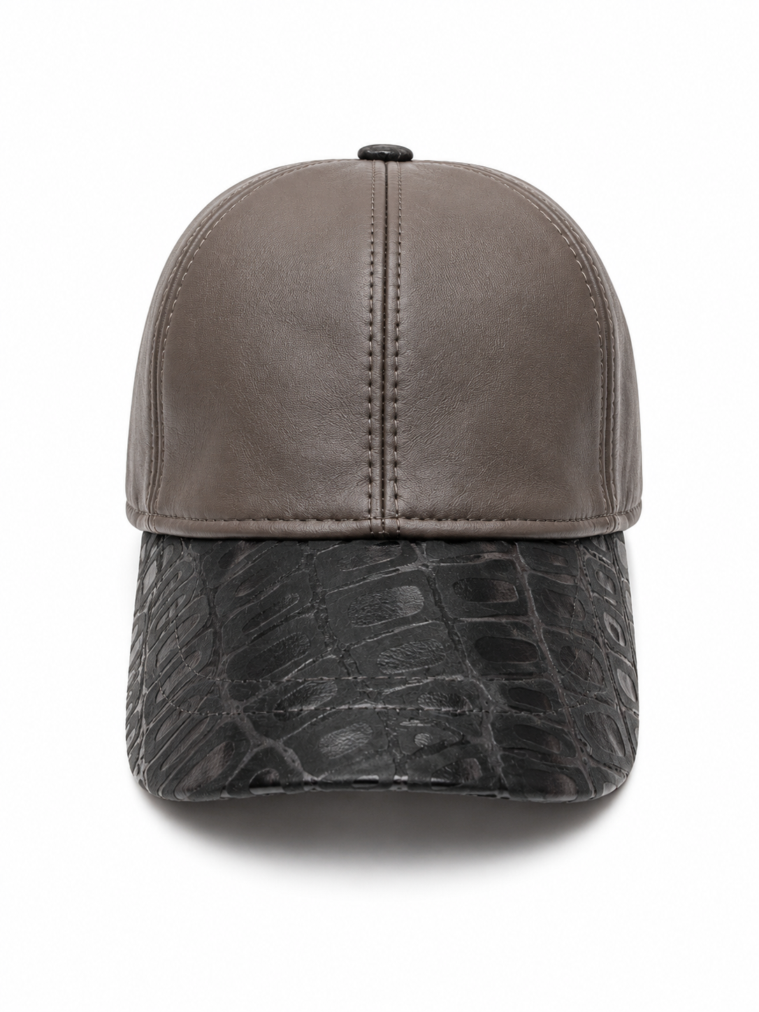 Genuine Leather Baseball Cap with Crocodile-Embossed Visor – Taupe & Black