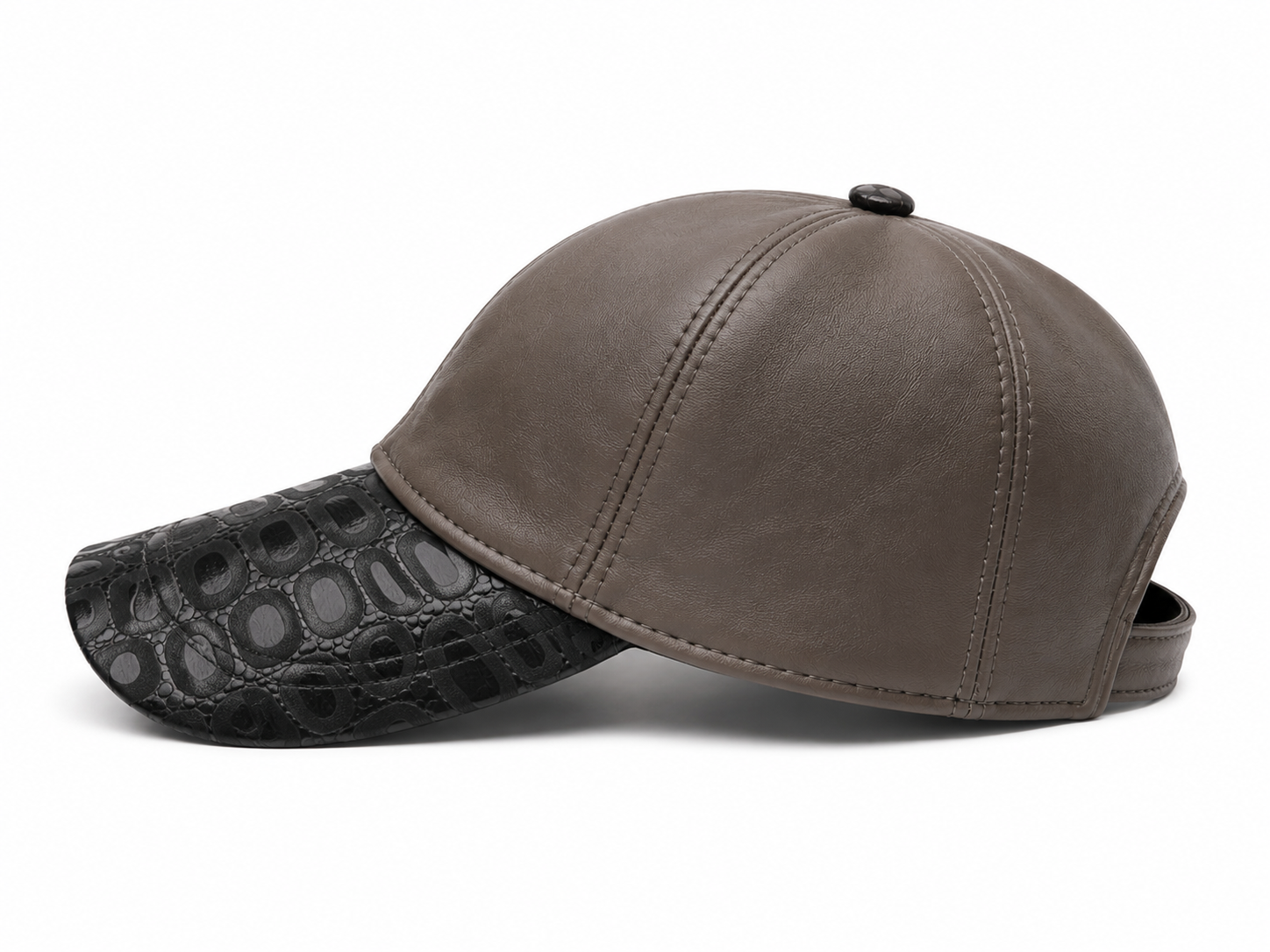 Genuine Leather Baseball Cap with Crocodile-Embossed Visor – Taupe & Black
