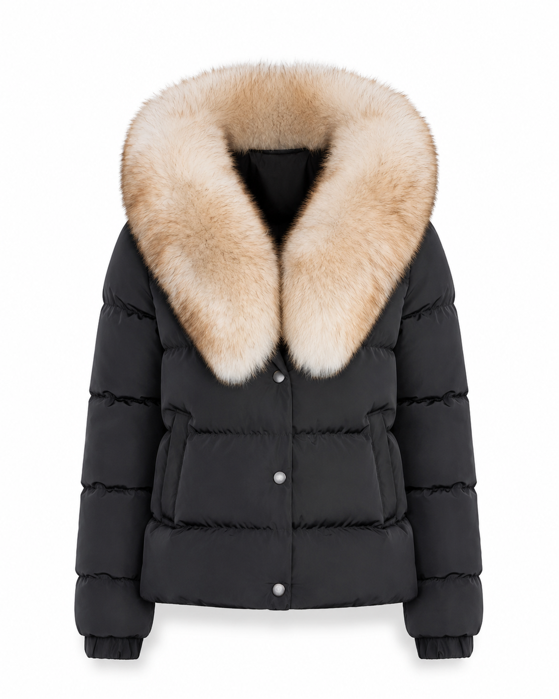 Women’s Black Down Puffer Jacket with Oversized Natural Fox Fur Hood