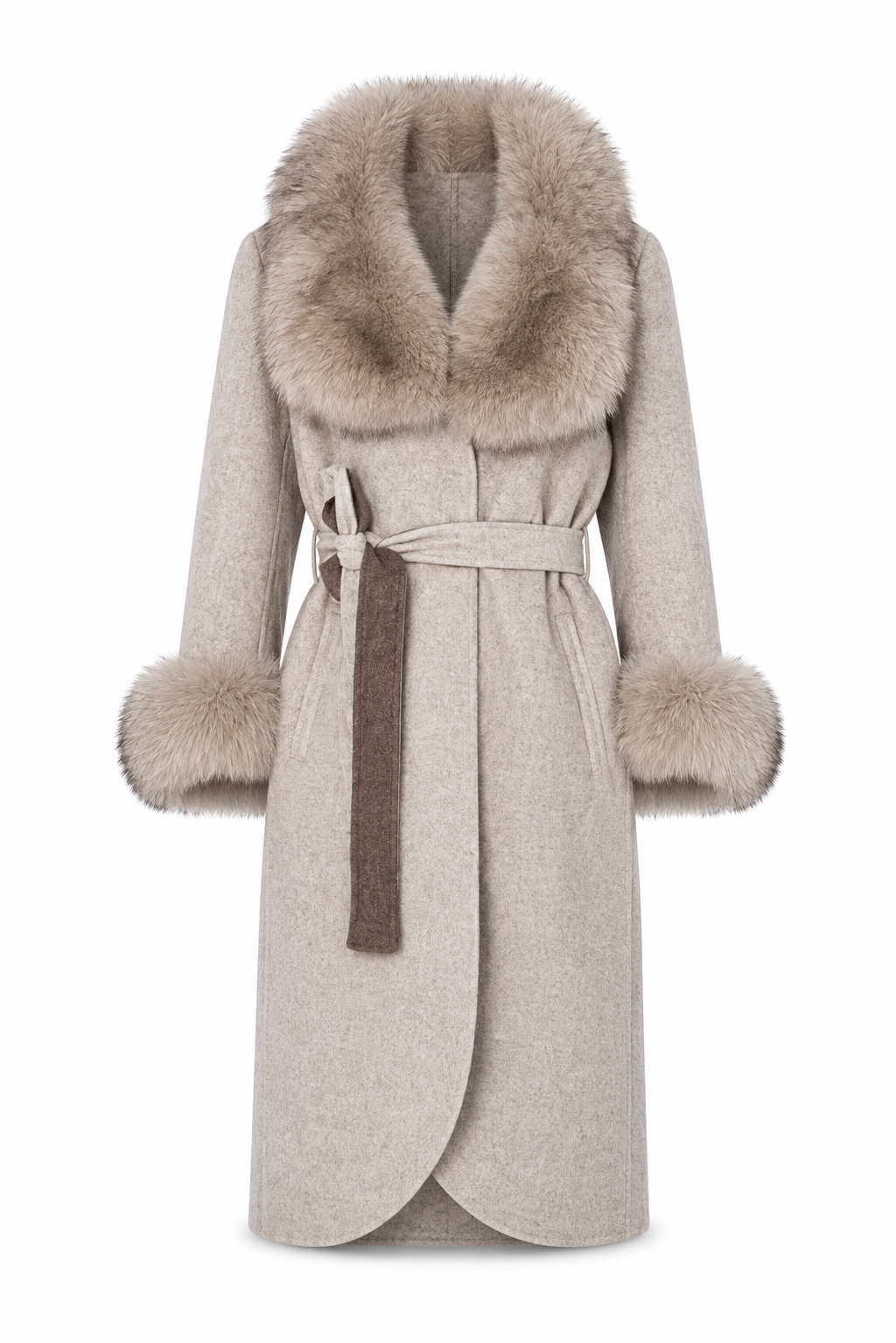 Beige Alpaca Coat with Natural Fox Fur