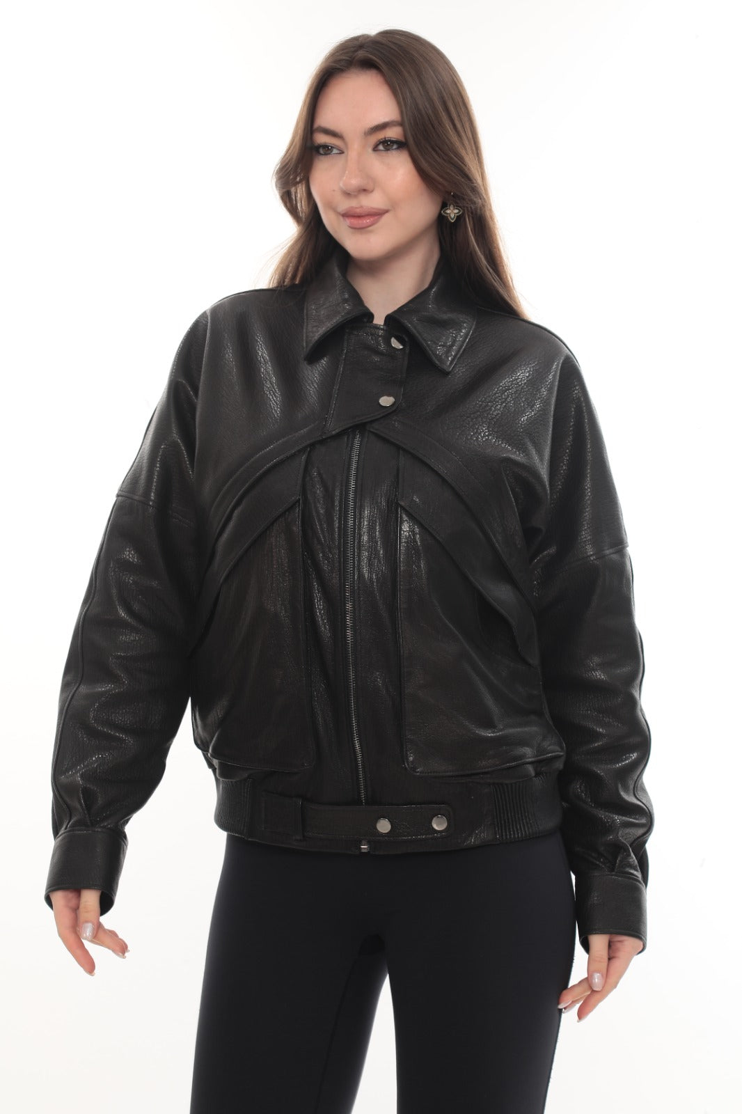 LYVIA Black Genuine Leather Asymmetrical Panel Jacket