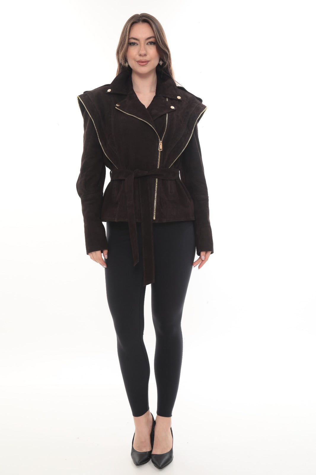 SAVEN Dark Brown Genuine Suede Belted Jacket