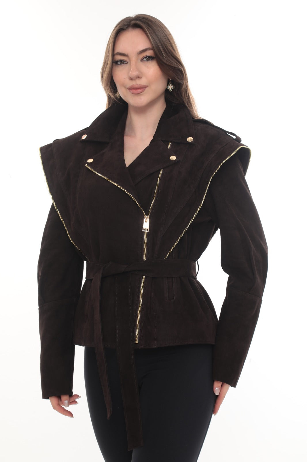 SAVEN Dark Brown Genuine Suede Belted Jacket