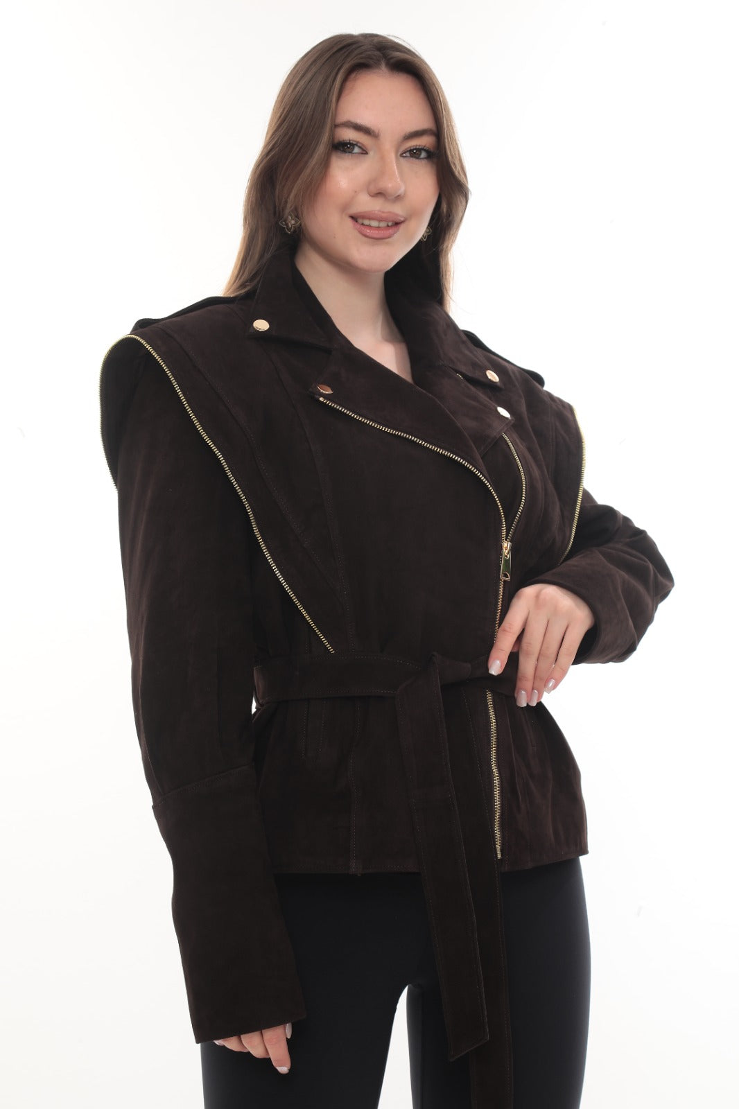 SAVEN Dark Brown Genuine Suede Belted Jacket