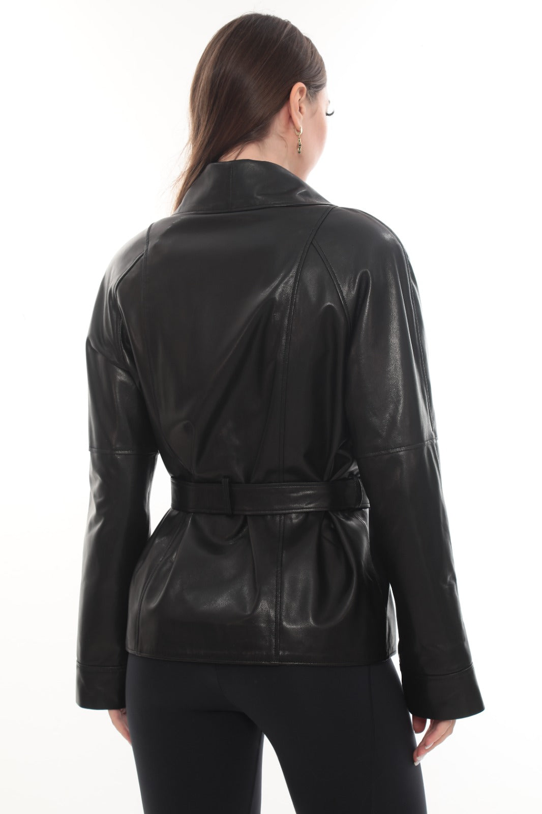 LYVENA Black Genuine Leather Belted Jacket