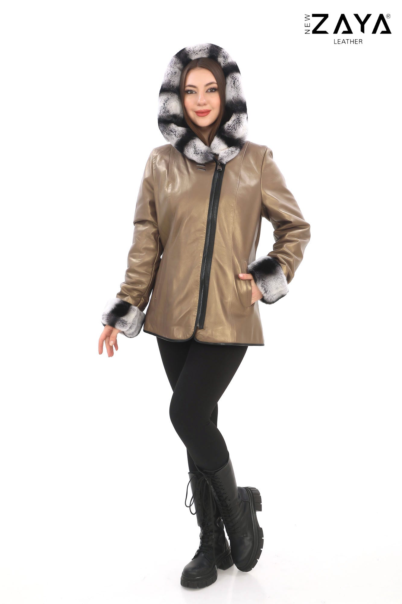 SAVELIA GOLD Fox Fur Trim Lambskin Leather Jacket