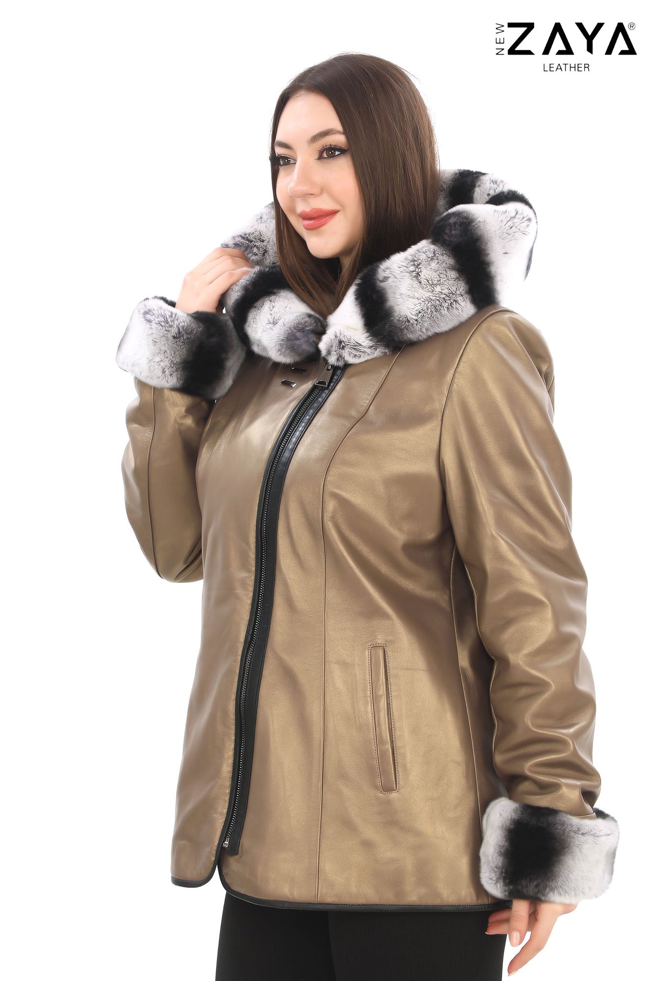 SAVELIA GOLD Fox Fur Trim Lambskin Leather Jacket