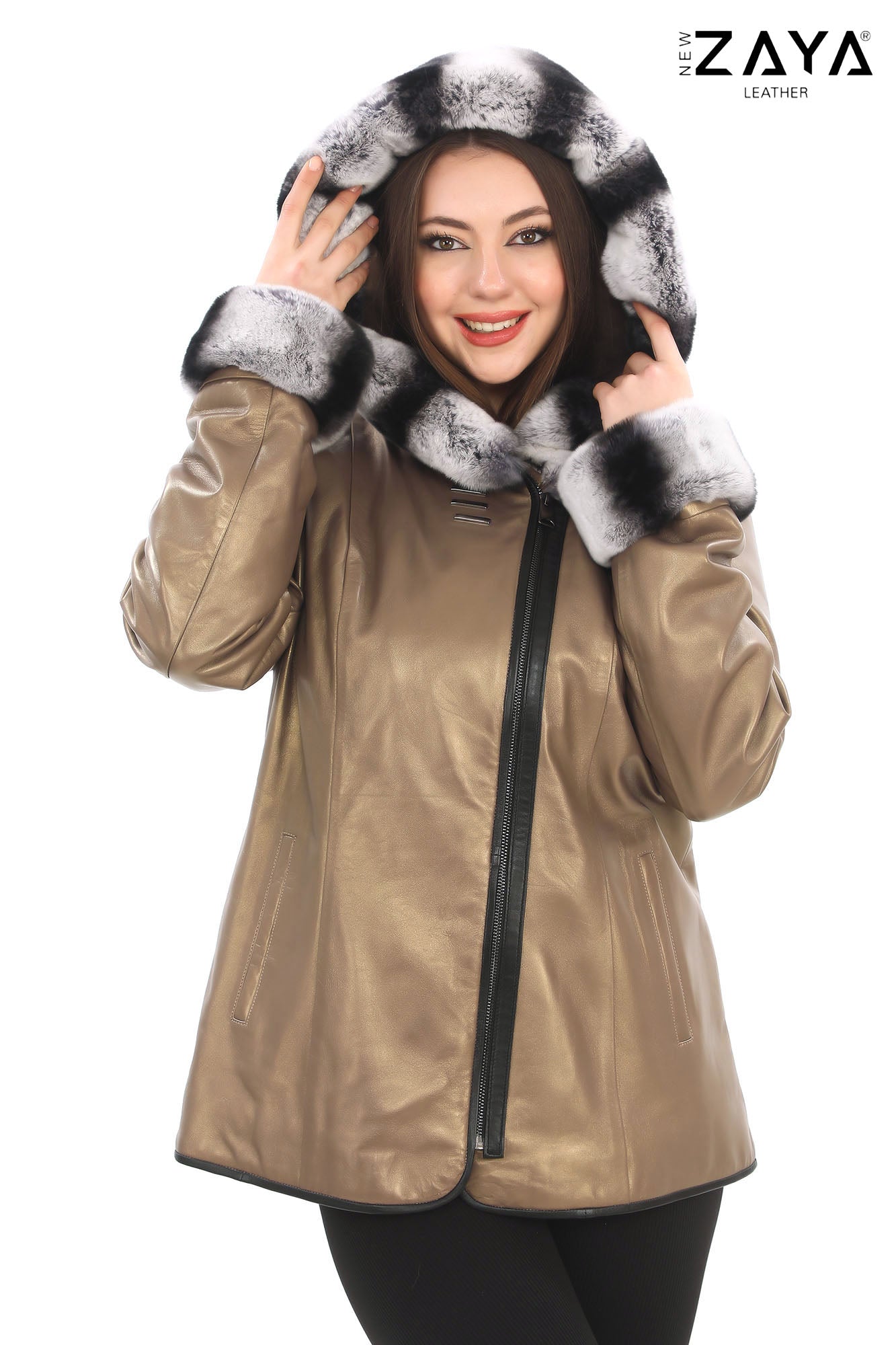 SAVELIA GOLD Fox Fur Trim Lambskin Leather Jacket