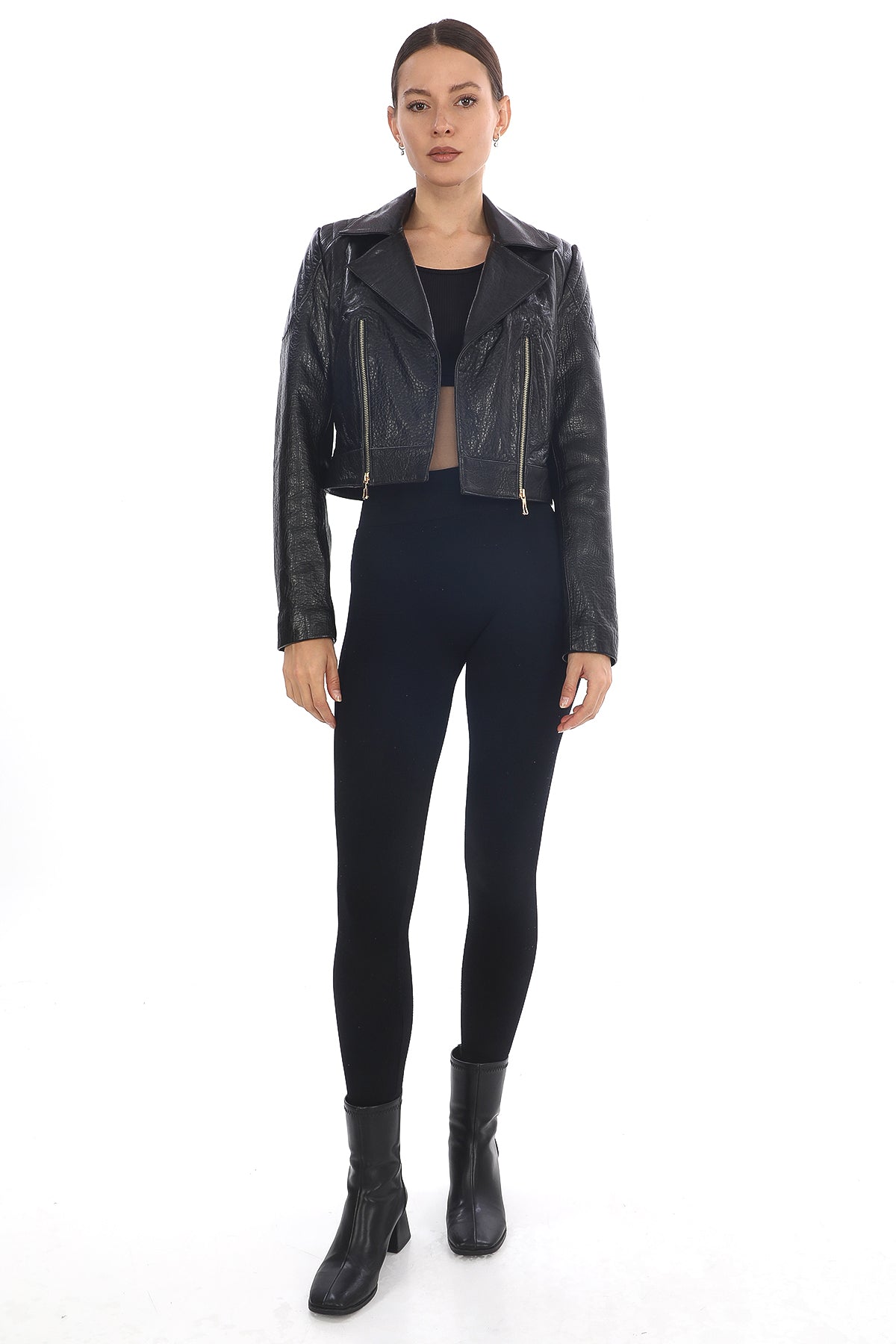 ÉCLAT NOIR – Cropped Leather Moto Jacket Black Jumbo