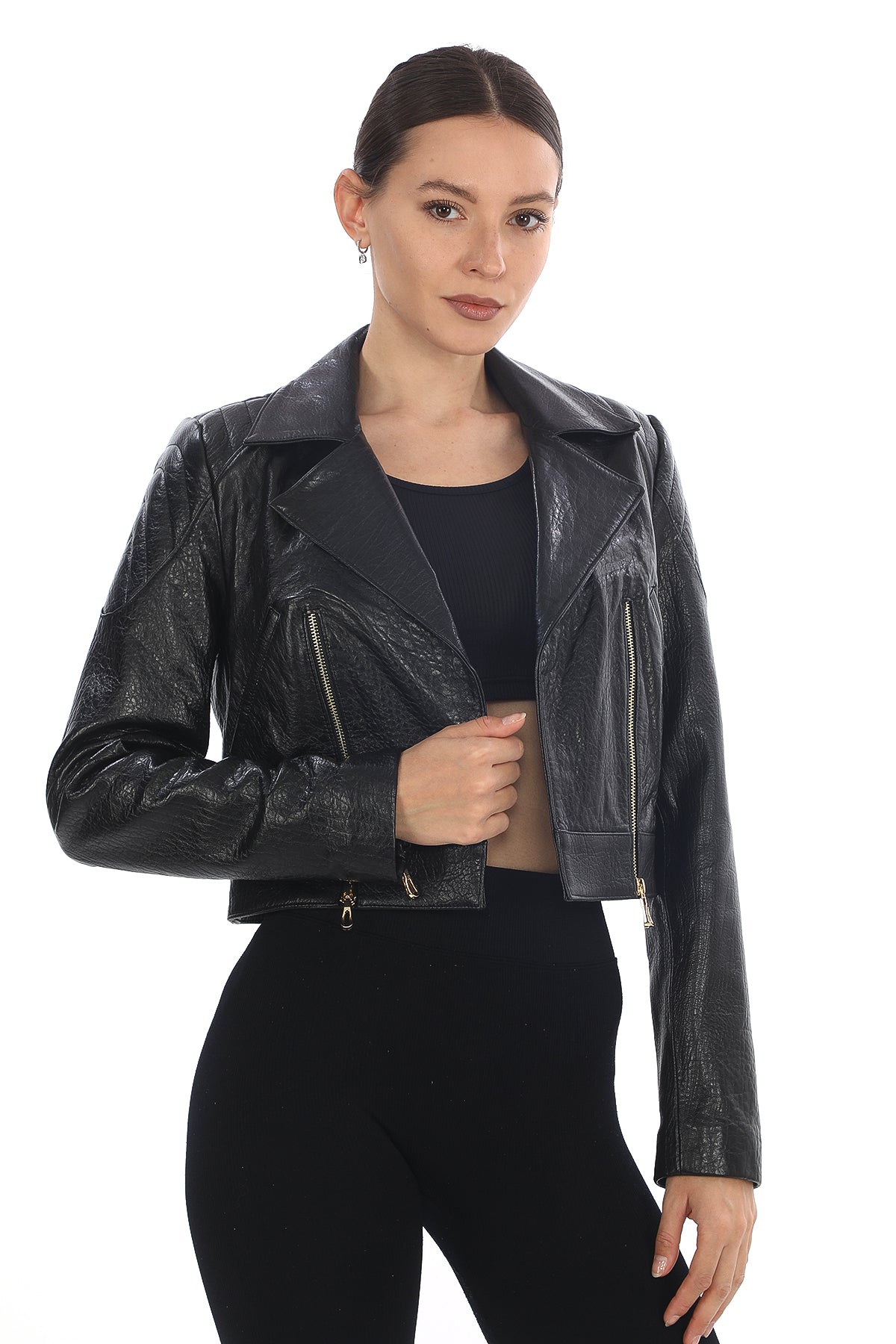 ÉCLAT NOIR – Cropped Leather Moto Jacket Black Jumbo