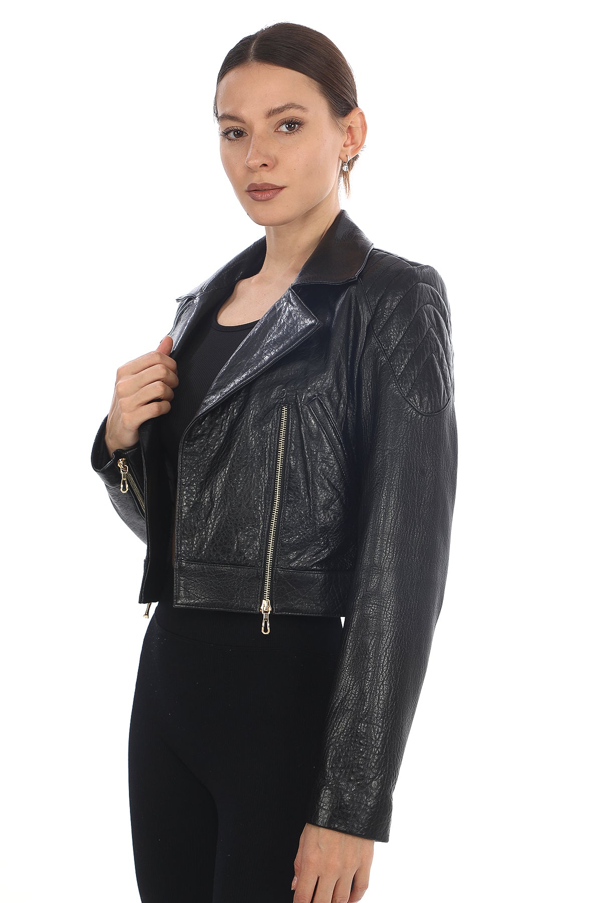 ÉCLAT NOIR – Cropped Leather Moto Jacket Black Jumbo