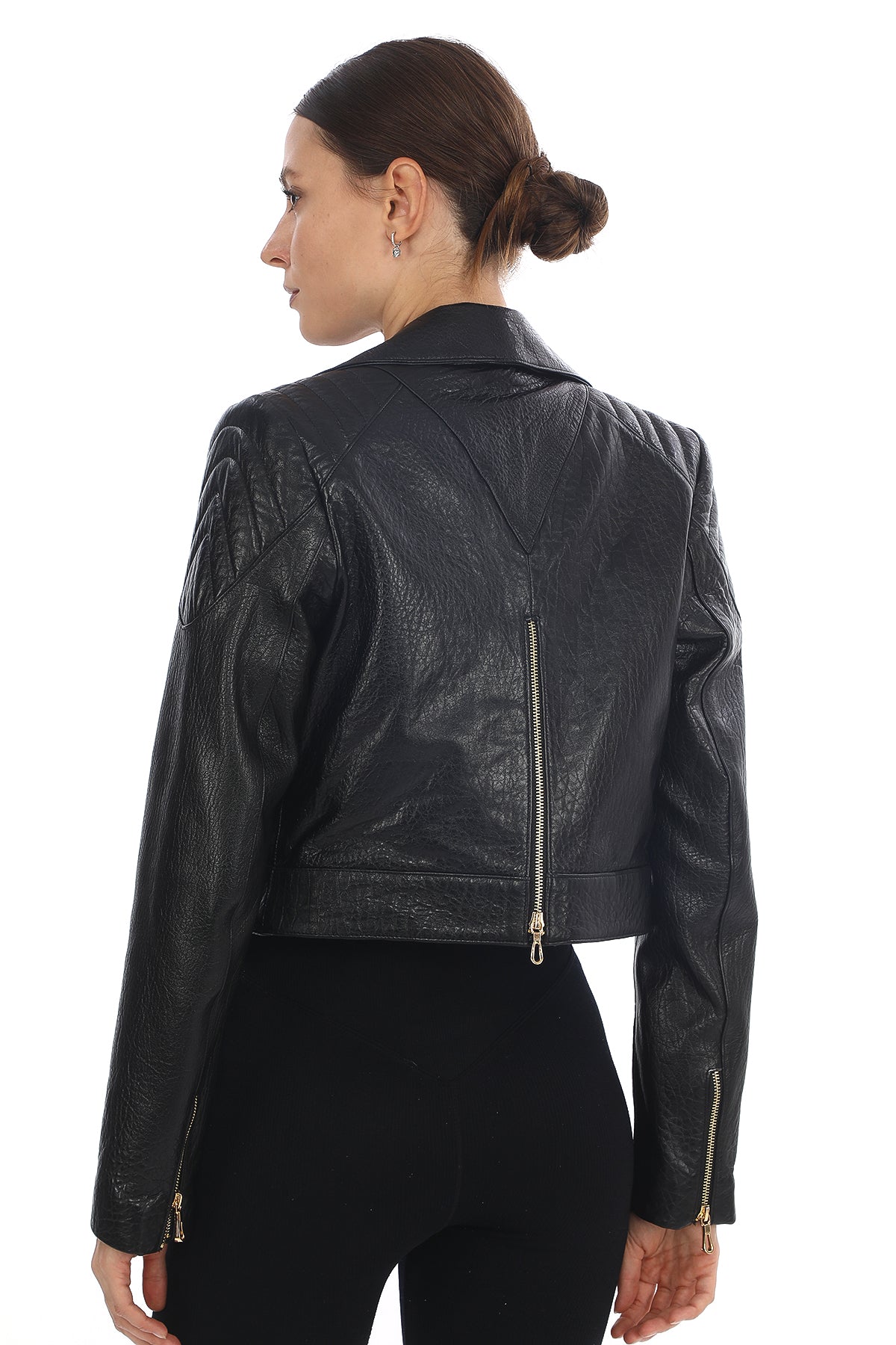 ÉCLAT NOIR – Cropped Leather Moto Jacket Black Jumbo