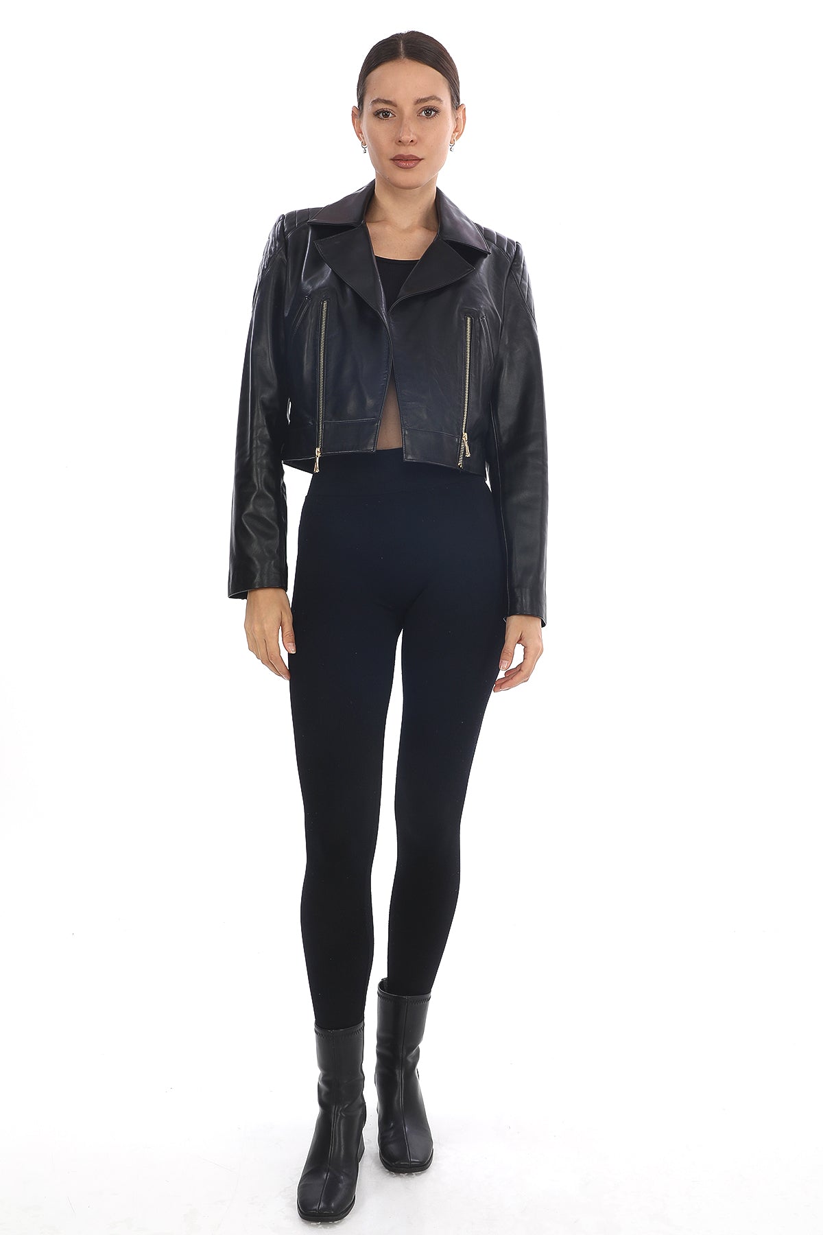 ÉCLAT NOIR – Cropped Leather Moto Jacket Black