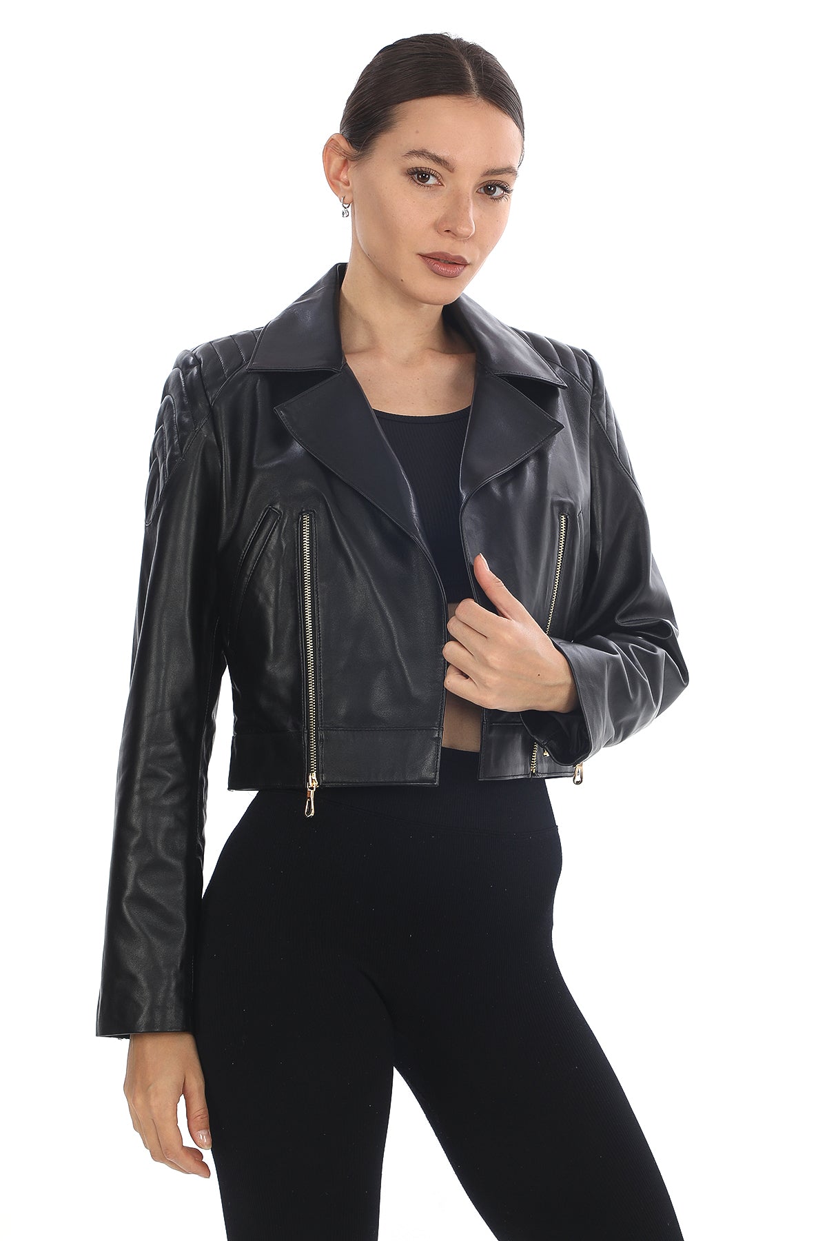 ÉCLAT NOIR – Cropped Leather Moto Jacket Black