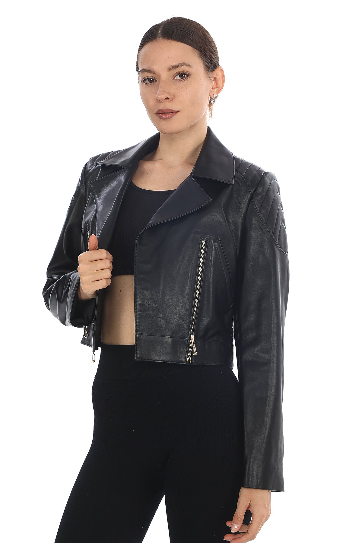 ÉCLAT NOIR – Cropped Leather Moto Jacket Black