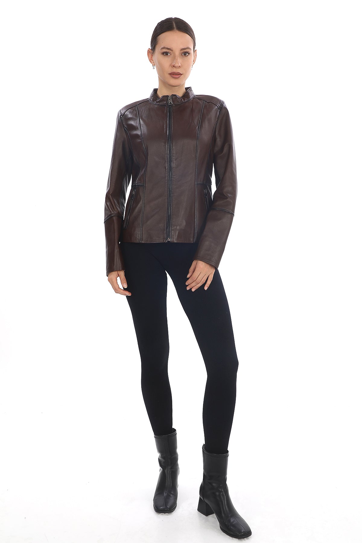 MILANO BLACK GENUINE LEATHER MINIMALIST MANDARIN COLLAR JACKET Brown