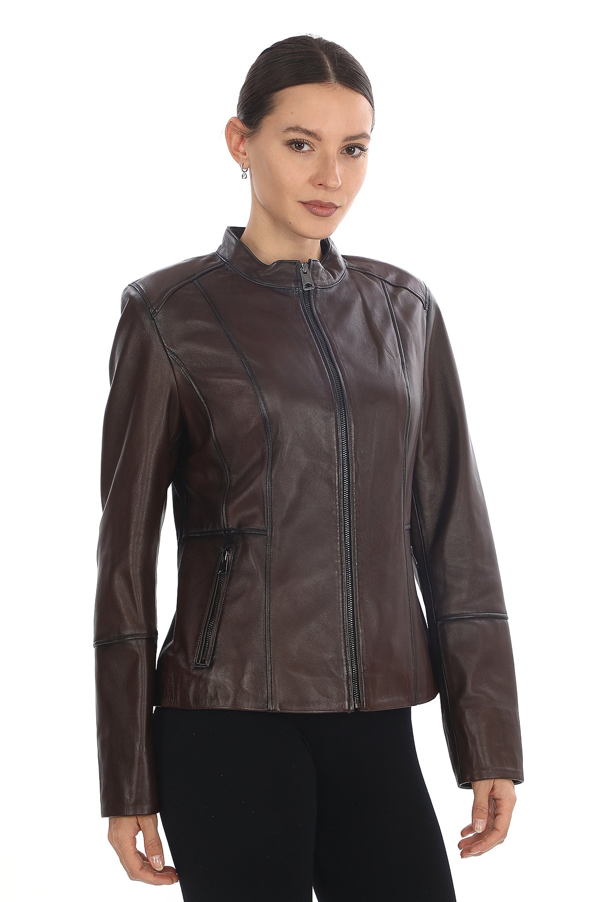 MILANO BLACK GENUINE LEATHER MINIMALIST MANDARIN COLLAR JACKET Brown